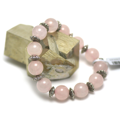 bracelet quartz rose " perle pierre ronde 12 mm -perle argenté"