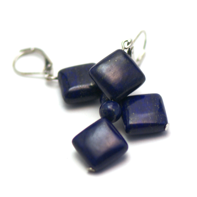 boucle d'oreille lapis lazuli , " double carrées-perle ronde 6 mm "