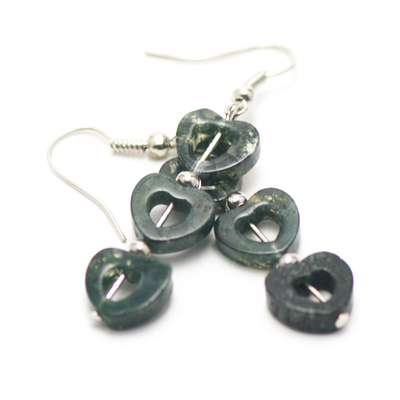 triple coeur ciselé boucle d'oreille pierre naturelle agate mousse