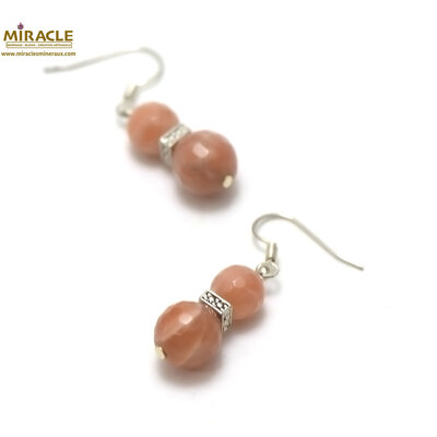 A ronde facettée 10-8 mm-perle argenté boucle d'oreille en pierre naturelle de pierre de lune