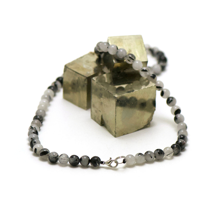 collier quartz tourmaline "perle ronde 6 mm"