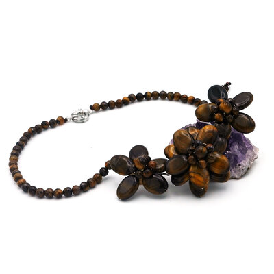 F triple fleur collier en pierre naturelle de l'oeil du tigre