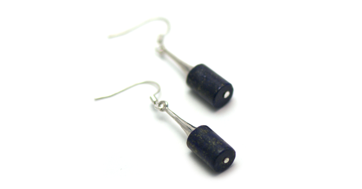 Boucles D'oreilles Pendantes Longues, Perles Céramiques Et Lapis-lazuli, Fermoir Clous Acier Inox