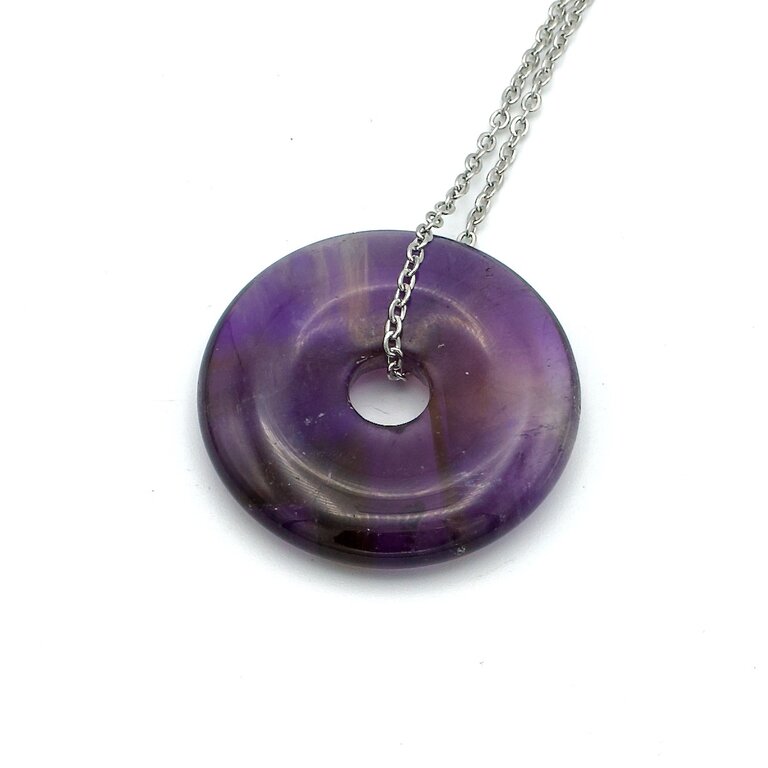Collier Chaîne + Pendentif Donut Jade 20mm - Vert/noir, 40+7cm, Laiton Sans Nickel