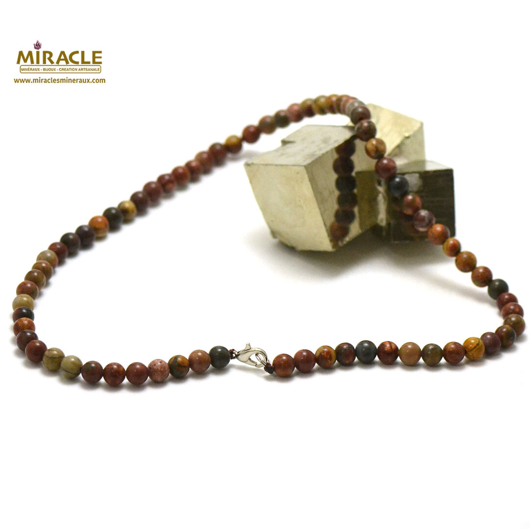 Collier De Perles En Jaspe Rouge Et Argent 925 - Longueur ~40 Cm - Occasion
