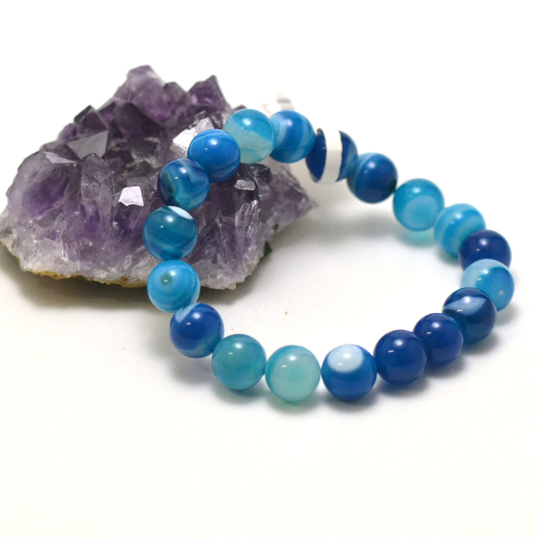 Bracelet agate teinté bleu, perle ronde 10 mm - Bracelet/Agate naturelle  chauffée - Miracles minéraux