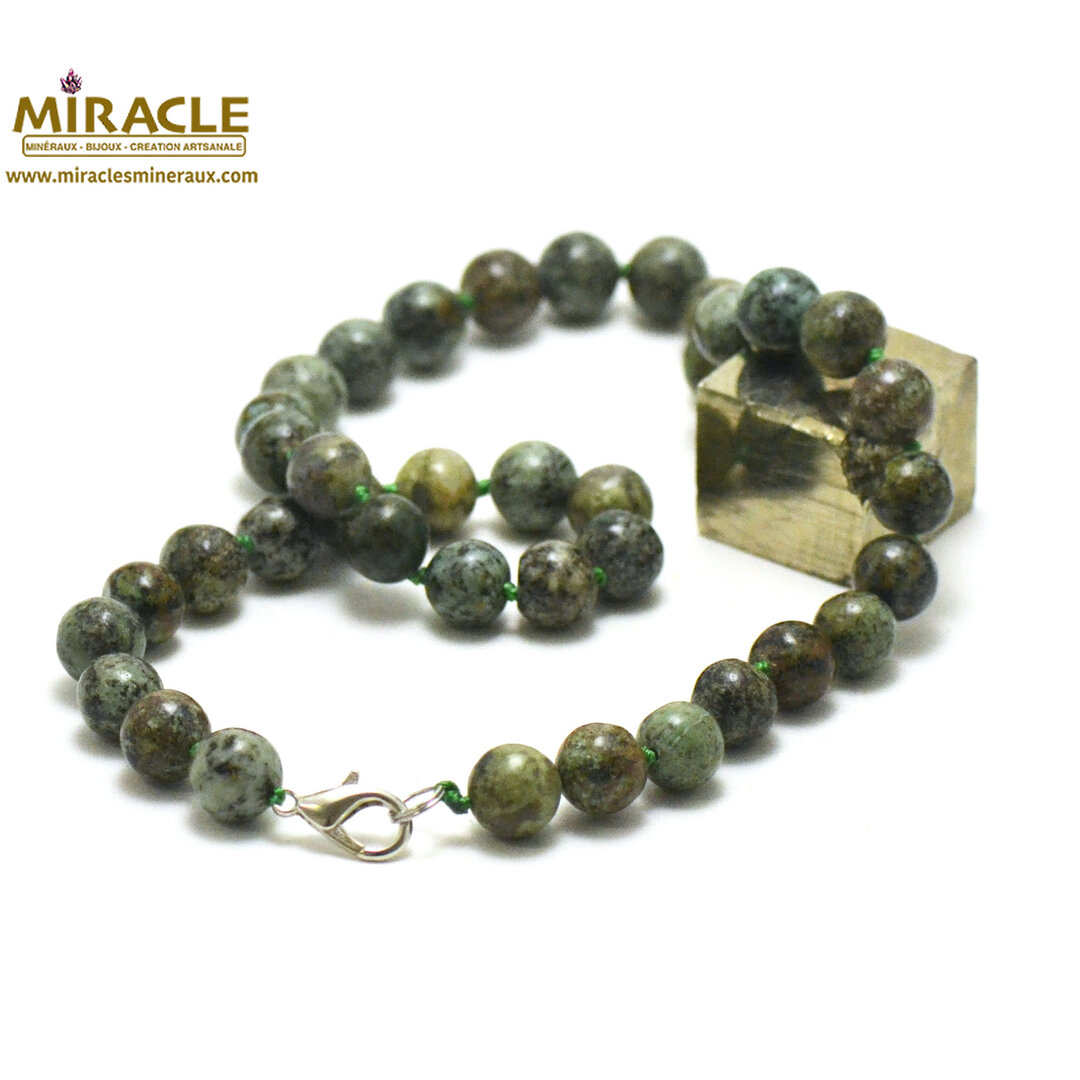 Collier Lithothérapie Turquoise D'Afrique Et Lave - Perles En Bois De Coco - Longueur Réglable 62-67cm - Neuf