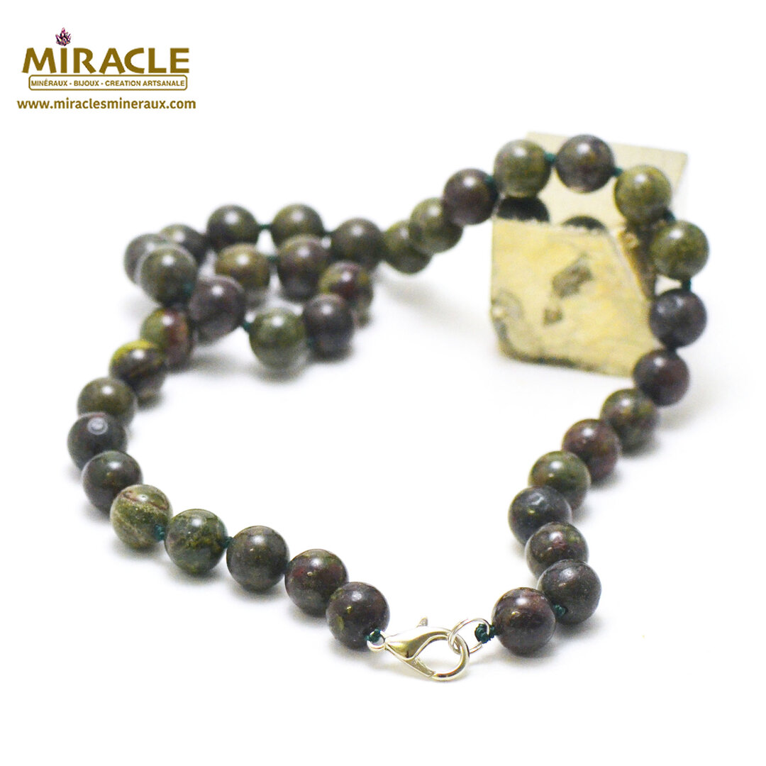 Collier Jaspe Sang De Dragon - Perle 8 Mm - Chaine Acier - Neuf Avec étiquettes - Création Française