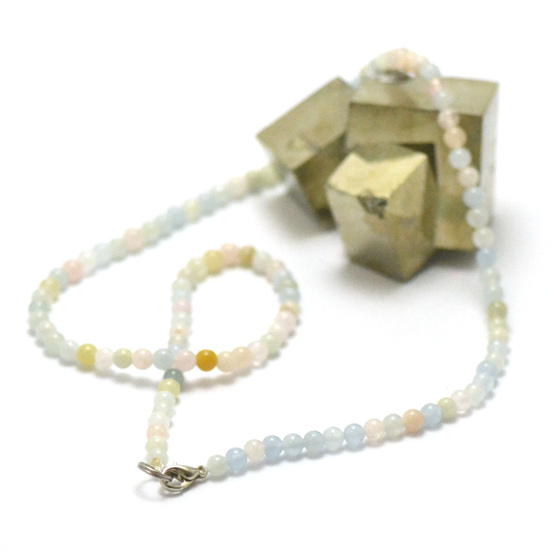 Collier Femme Perles De Morganite Rose Et Aigue-marine - Rondes Facettées A+