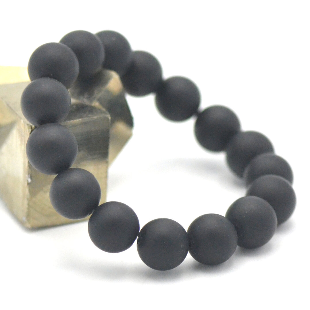 Lot De 4 Perles D'onyx Noir 12mm - Boules Mates Sablées Givrées Et Cirées