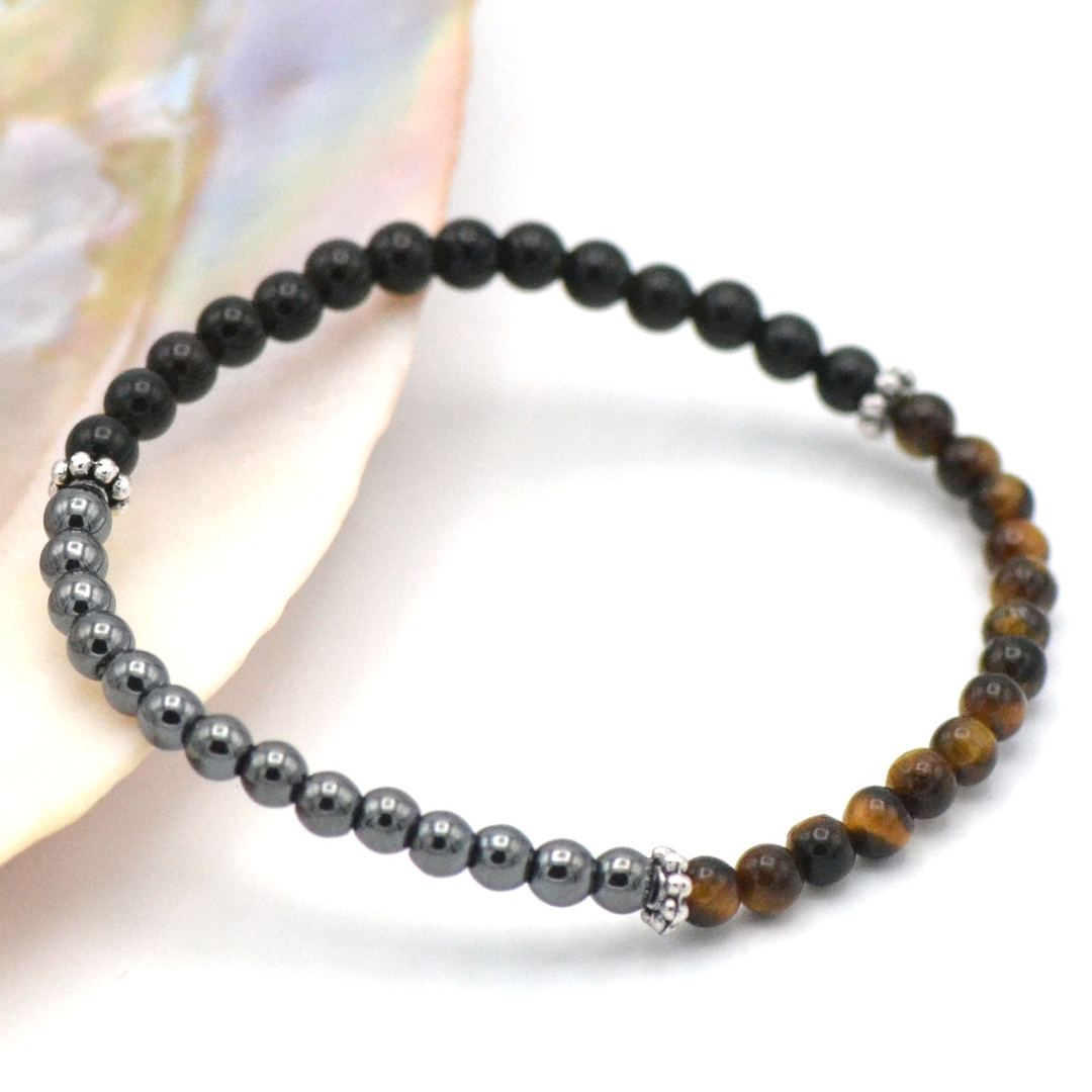 Bracelet lithothérapie obsidienne et oeil de tigre en perles