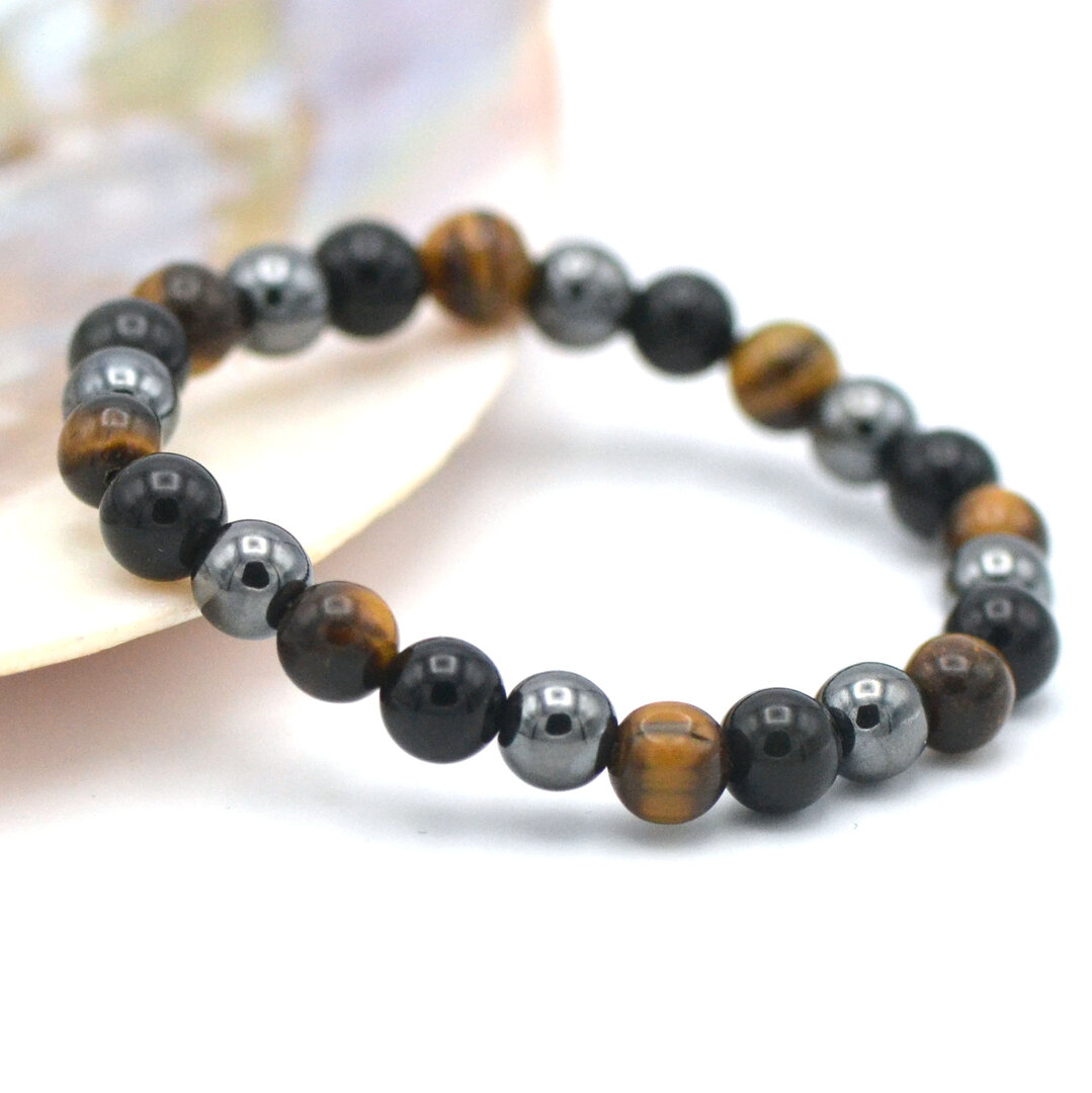Bracelet Homme Protection En Oeil De Tigre, Hématite Et Onyx - Perles 8mm - Neuf Avec étiquettes