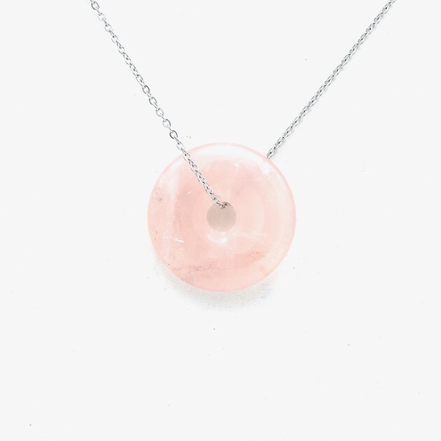 Pendentif En Quartz Rose Naturel - Forme Ronde, Pierre Percée, Collier Bohème