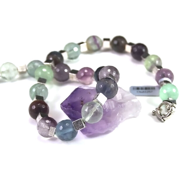 Collier En Fluorine Naturelle - 46 Cm - 290 Carats - Monture Argent 925 - Pierres Rondes Multicolores - Fait Main France