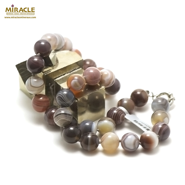 collier agate de Botswana  perle ronde 12 mm  - Collier/Agate de