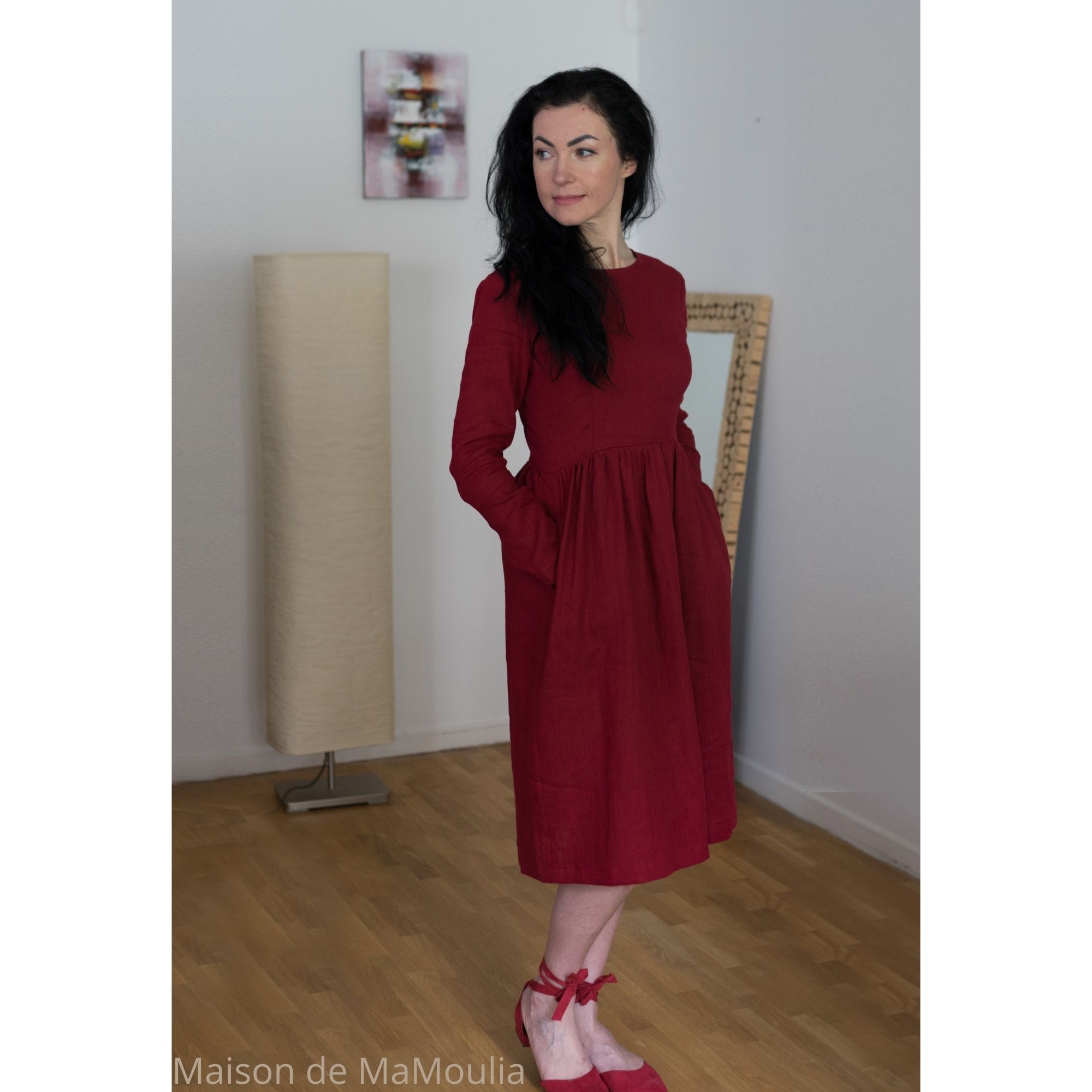 robe-midi-femme-manches-3-4-pur-lin-lave-français-offon-maison-de-mamoulia-rouge-bourgogne