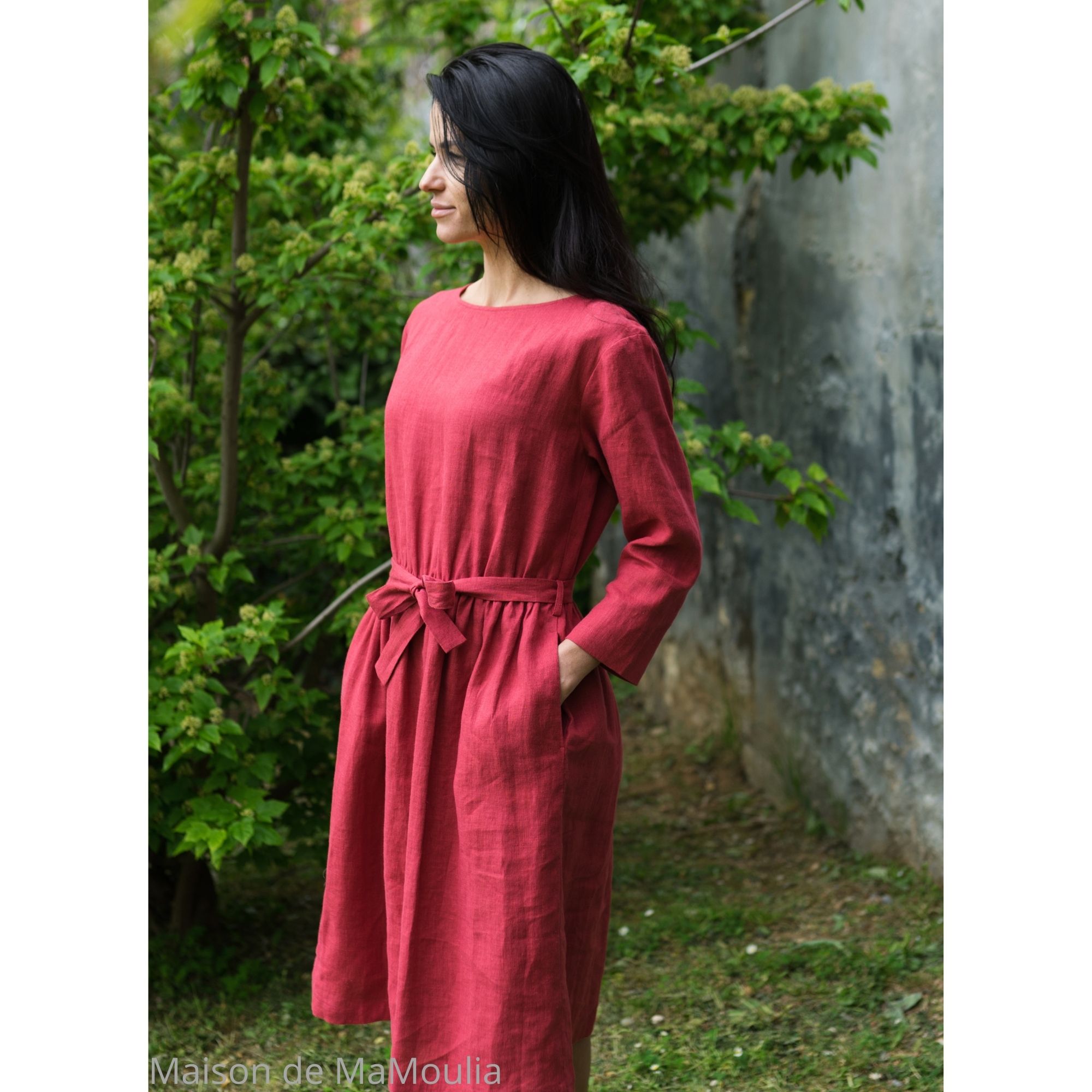robe-midi-femme-manches-longues-col-bateau-pur-lin-lave-français-offon-maison-de-mamoulia-rose- framboise