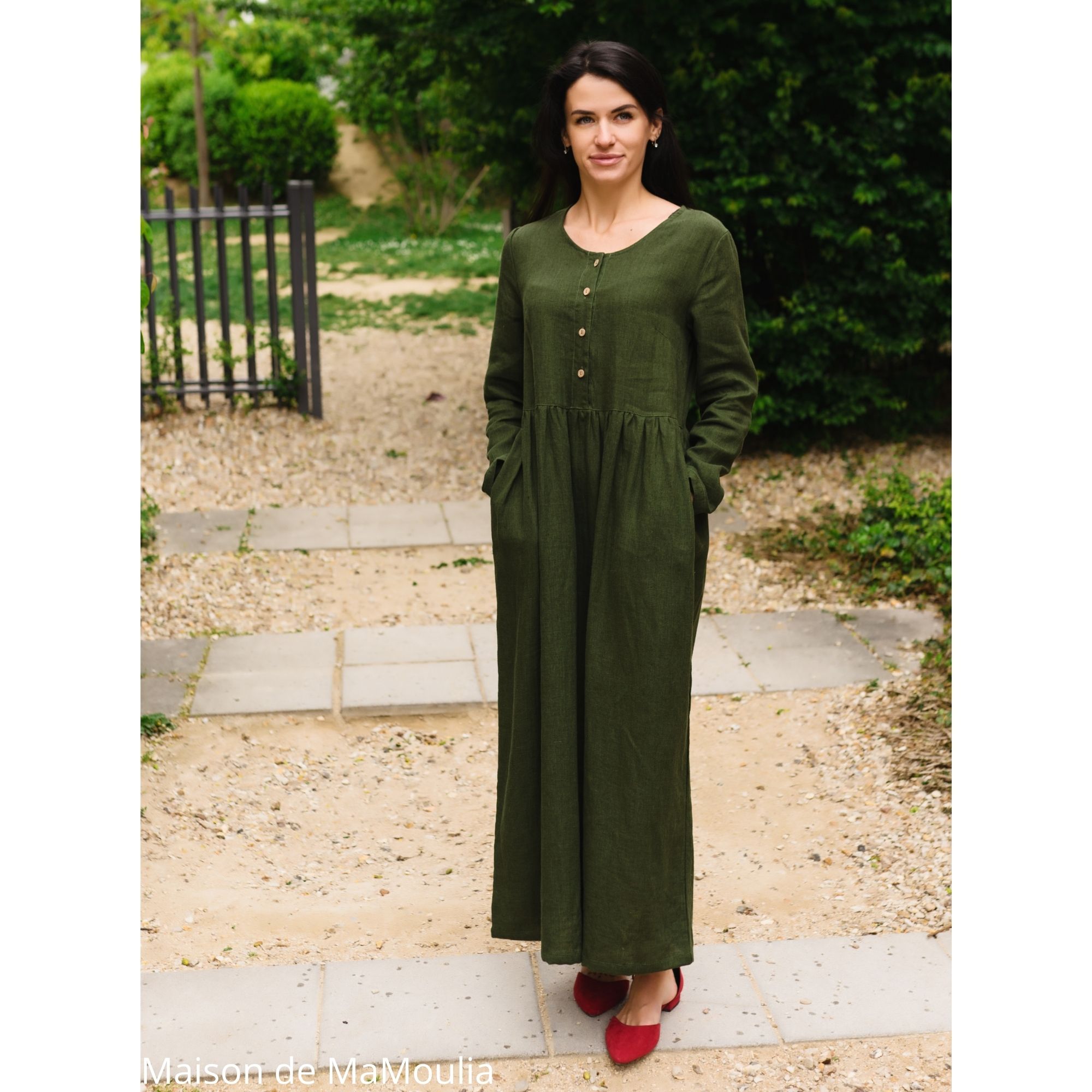 SIMPLY GREY - Robe très longue Boho femme - 100% lin lavé - Vert