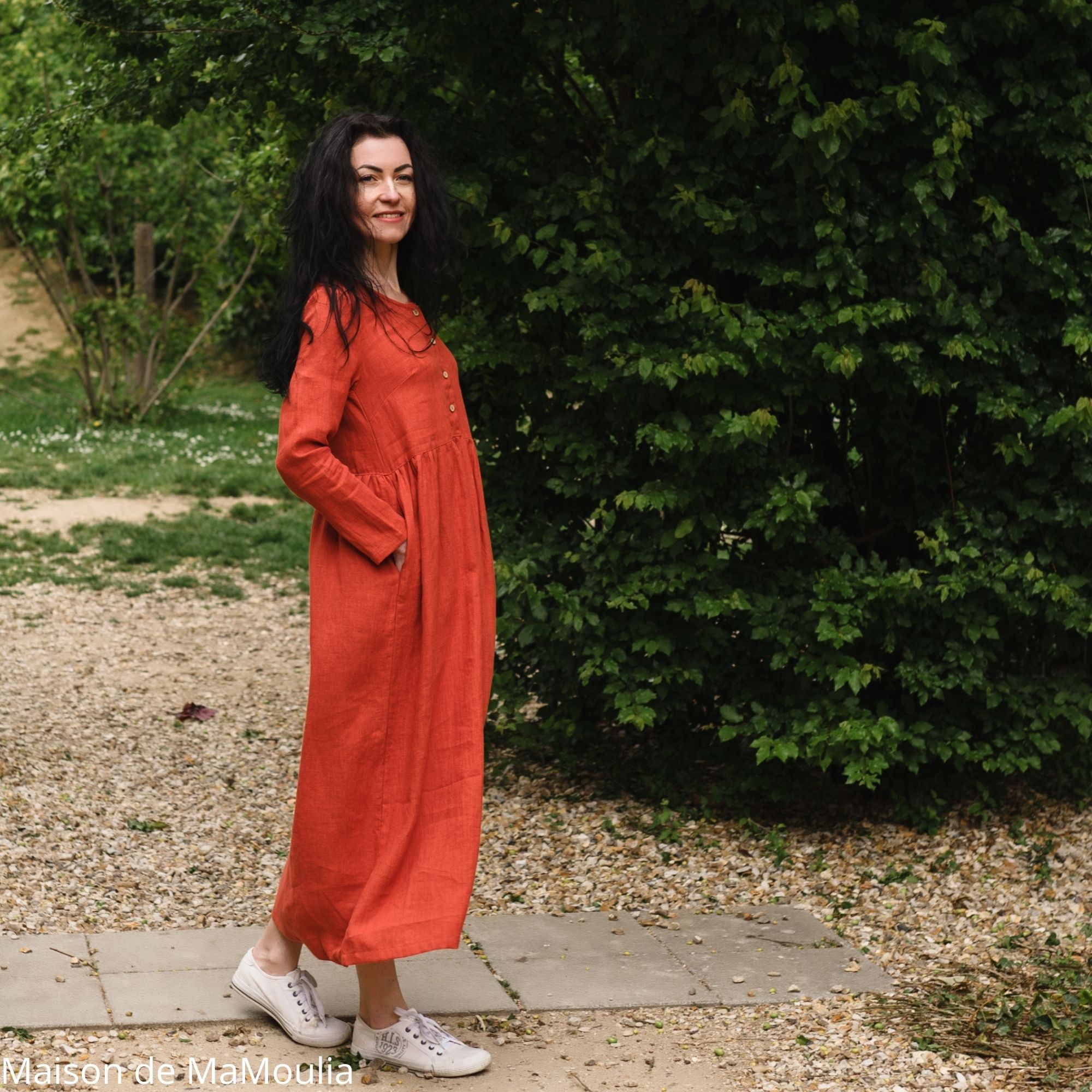 SIMPLY GREY - Robe très longue Boho femme - 100% lin lavé - Rouge