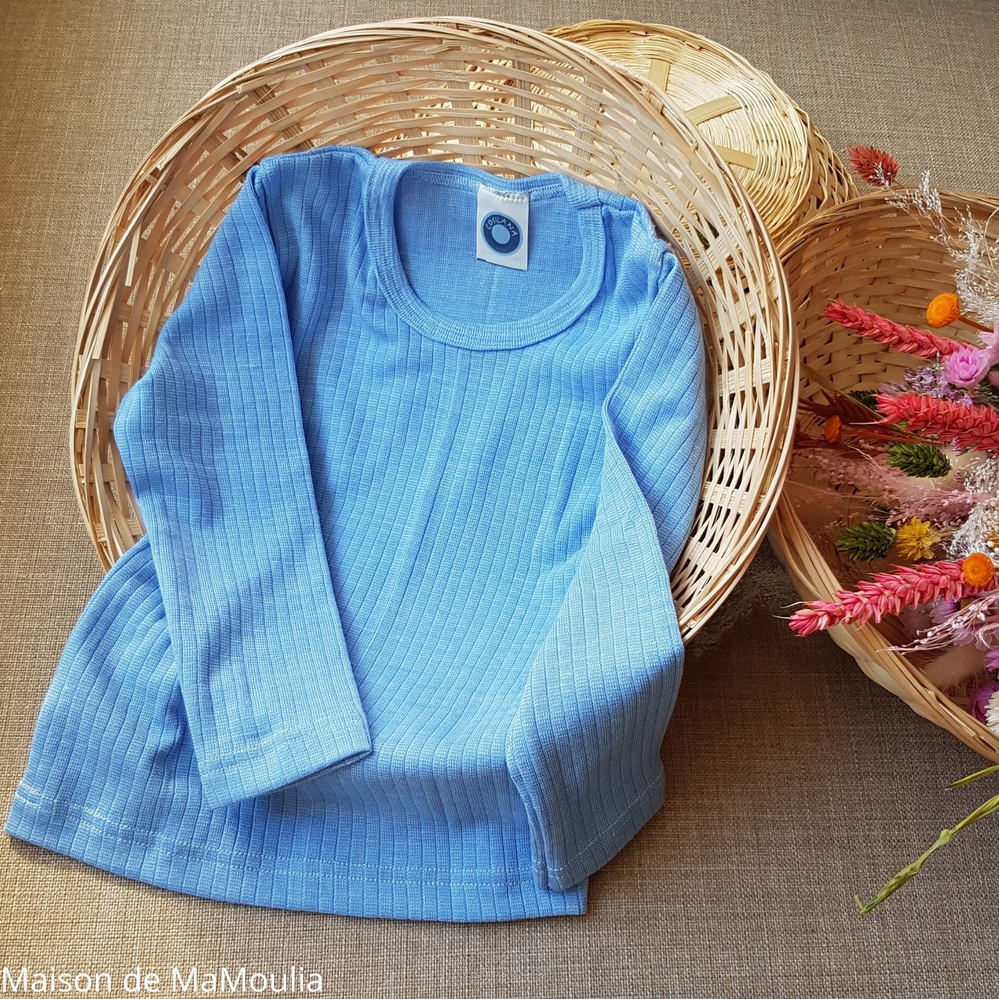 COSILANA - T-shirt manches longues - Laine/Soie/Coton, Bleu