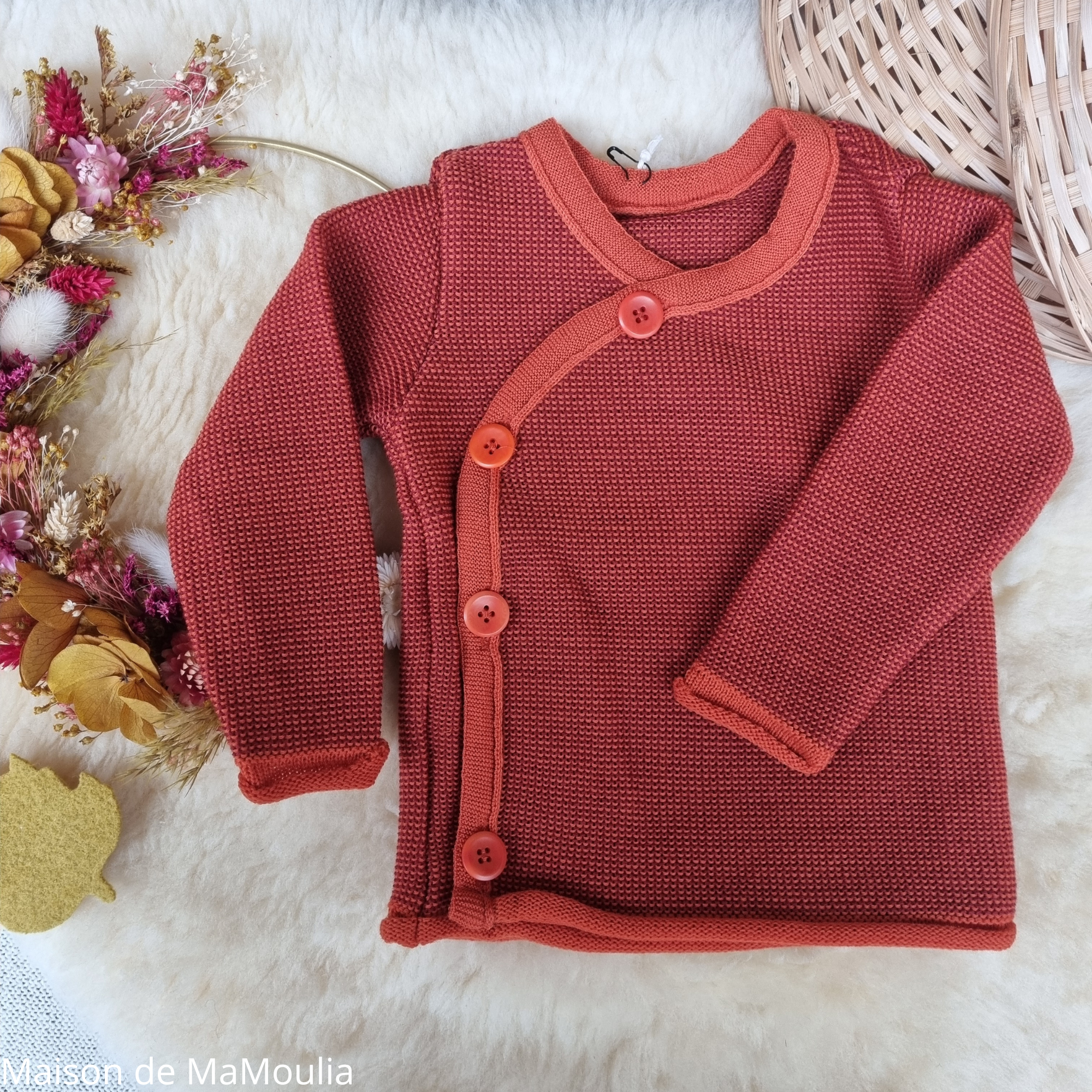 disana-melange-jacket-gilet-pure-laine-merinos-tricotée-bebe-enfant-maison-de- mamoulia- rouge- orange