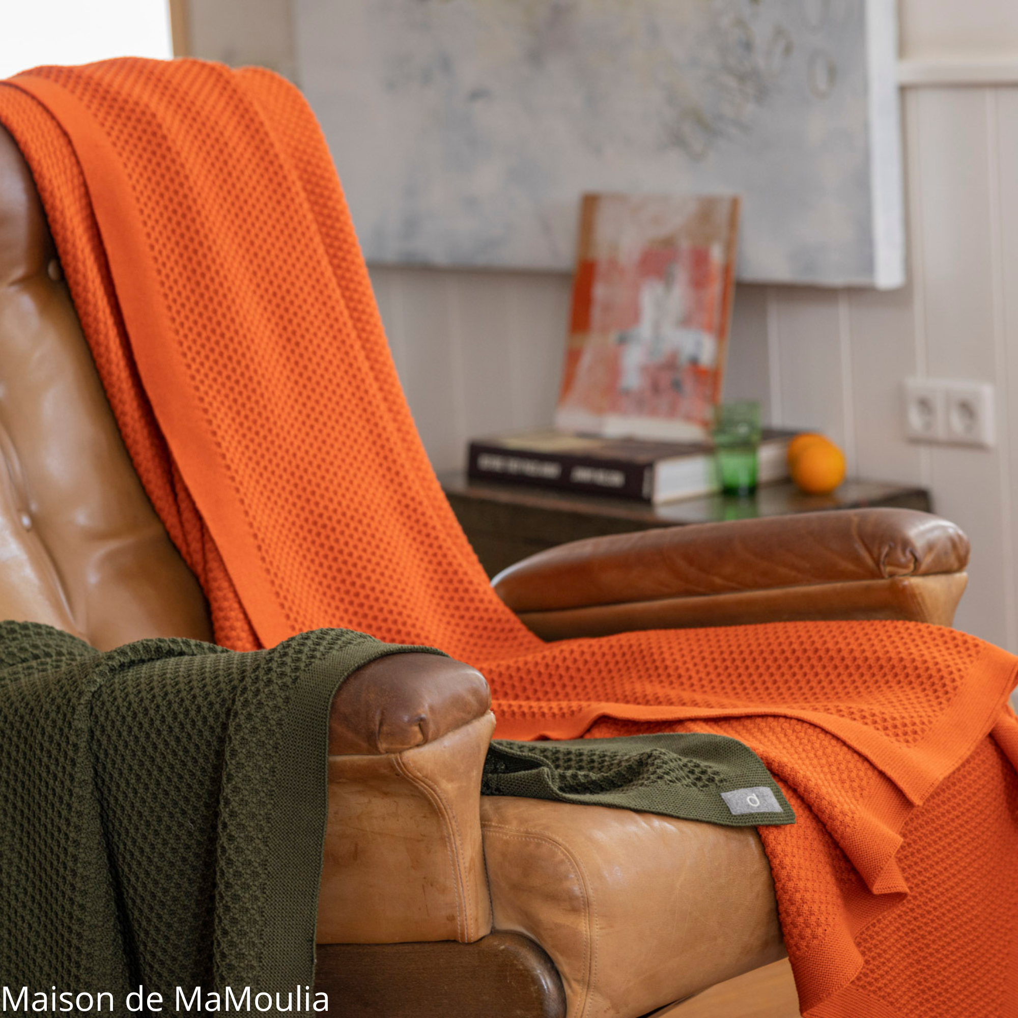 couverture-pure-laine-merinos-tricote-nid-dabbeille-disana-double-face-gots-maison-de-mamoulia-orange-olive