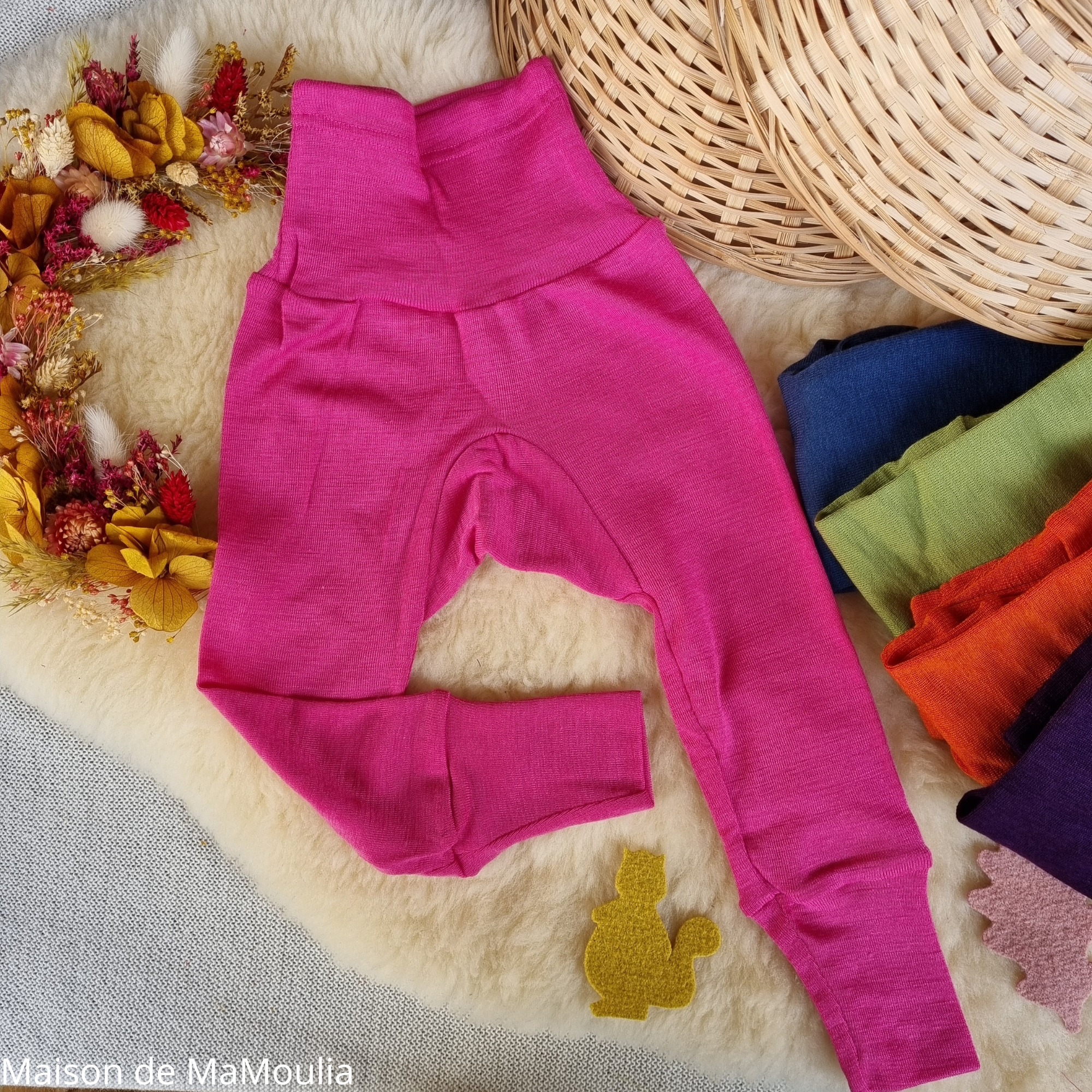 COSILANA - Pantalon ceinture large - Laine/Soie - Rose uni