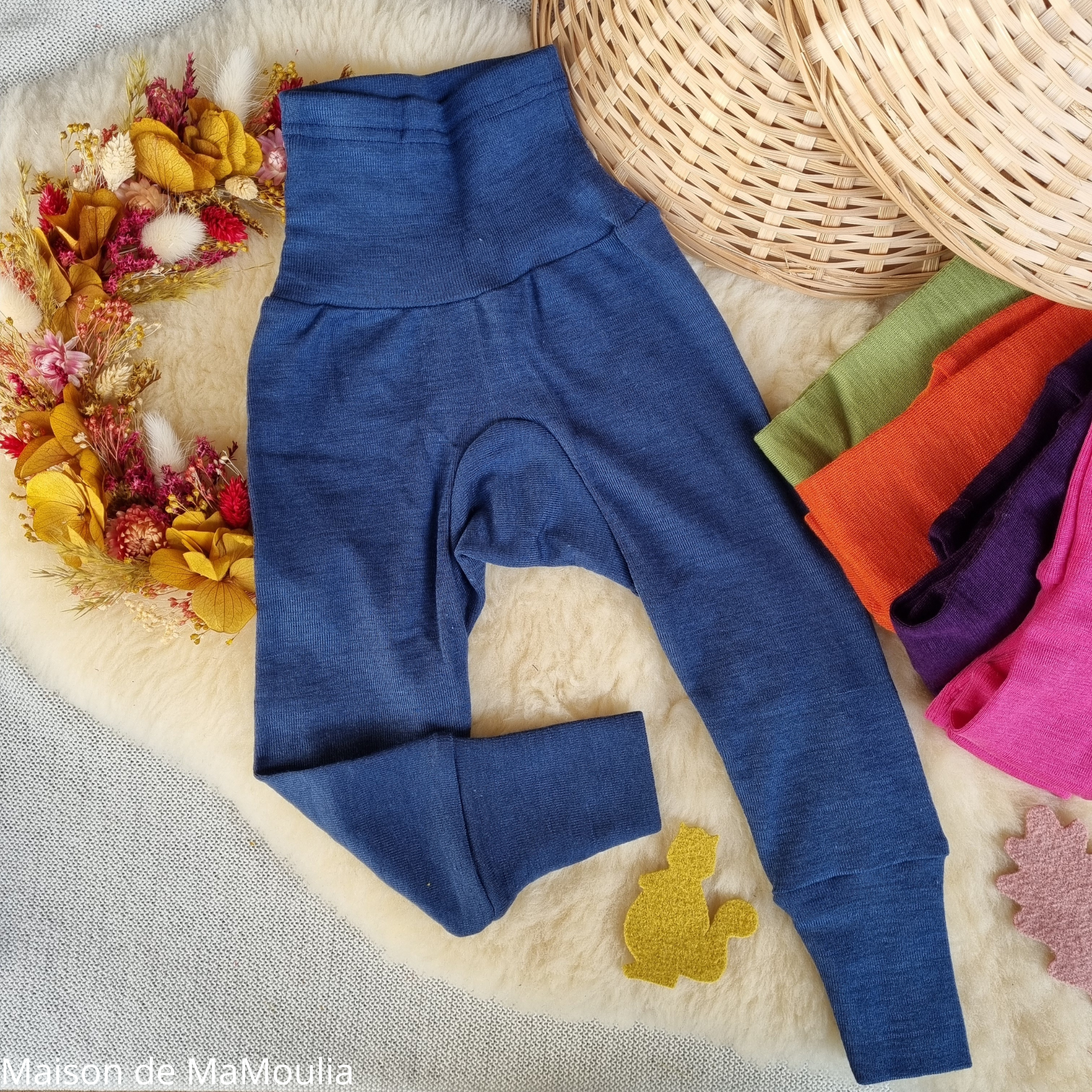 COSILANA - Pantalon ceinture large - Laine/Soie - Bleu marine uni