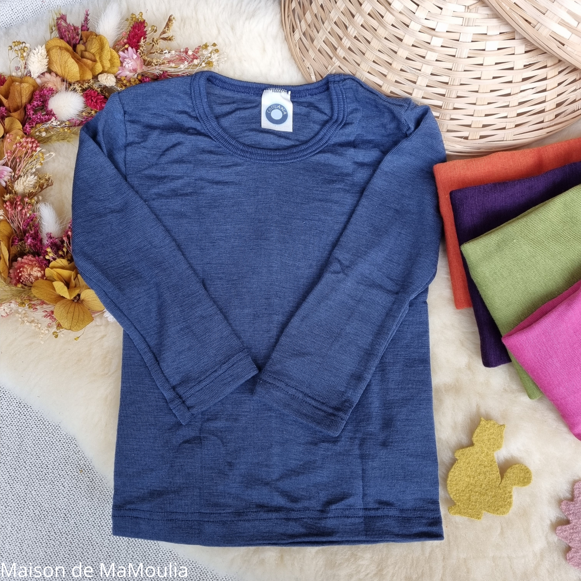 COSILANA - T-shirt enfant - manches longues -Laine/soie, Bleu uni