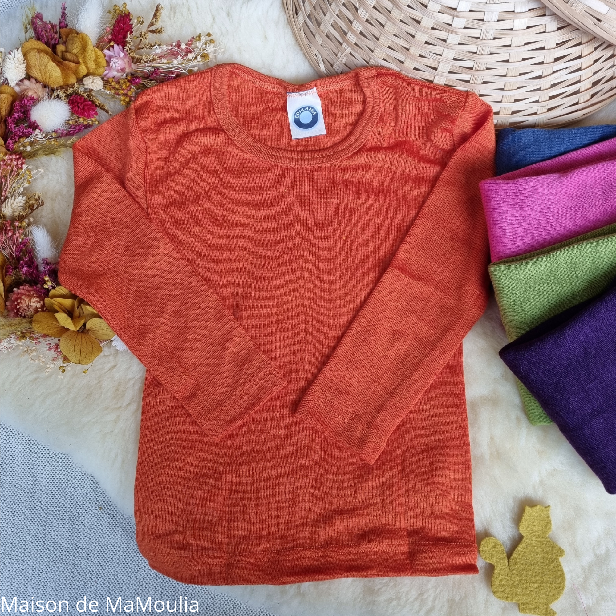 COSILANA - T-shirt enfant - manches longues - Laine/soie, Orange uni