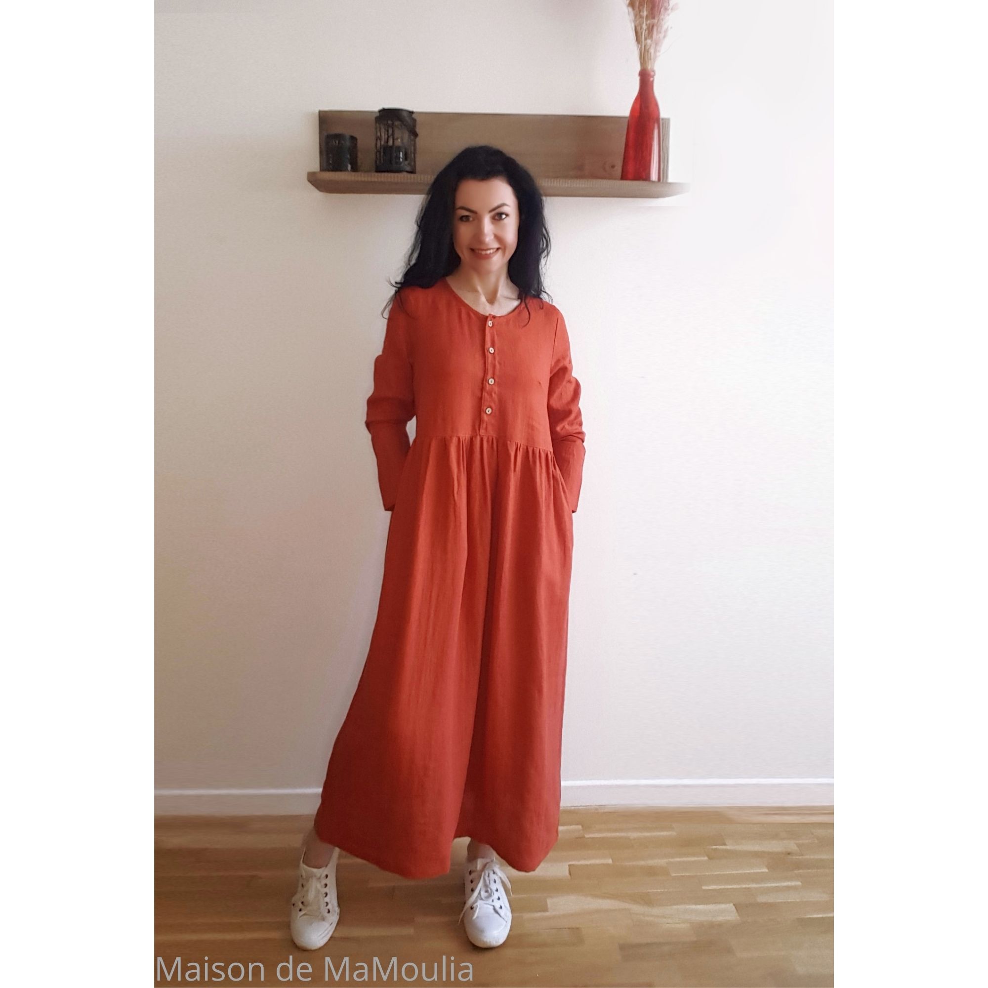 SIMPLY GREY - Robe très longue Boho femme - 100% lin lavé - Rouge