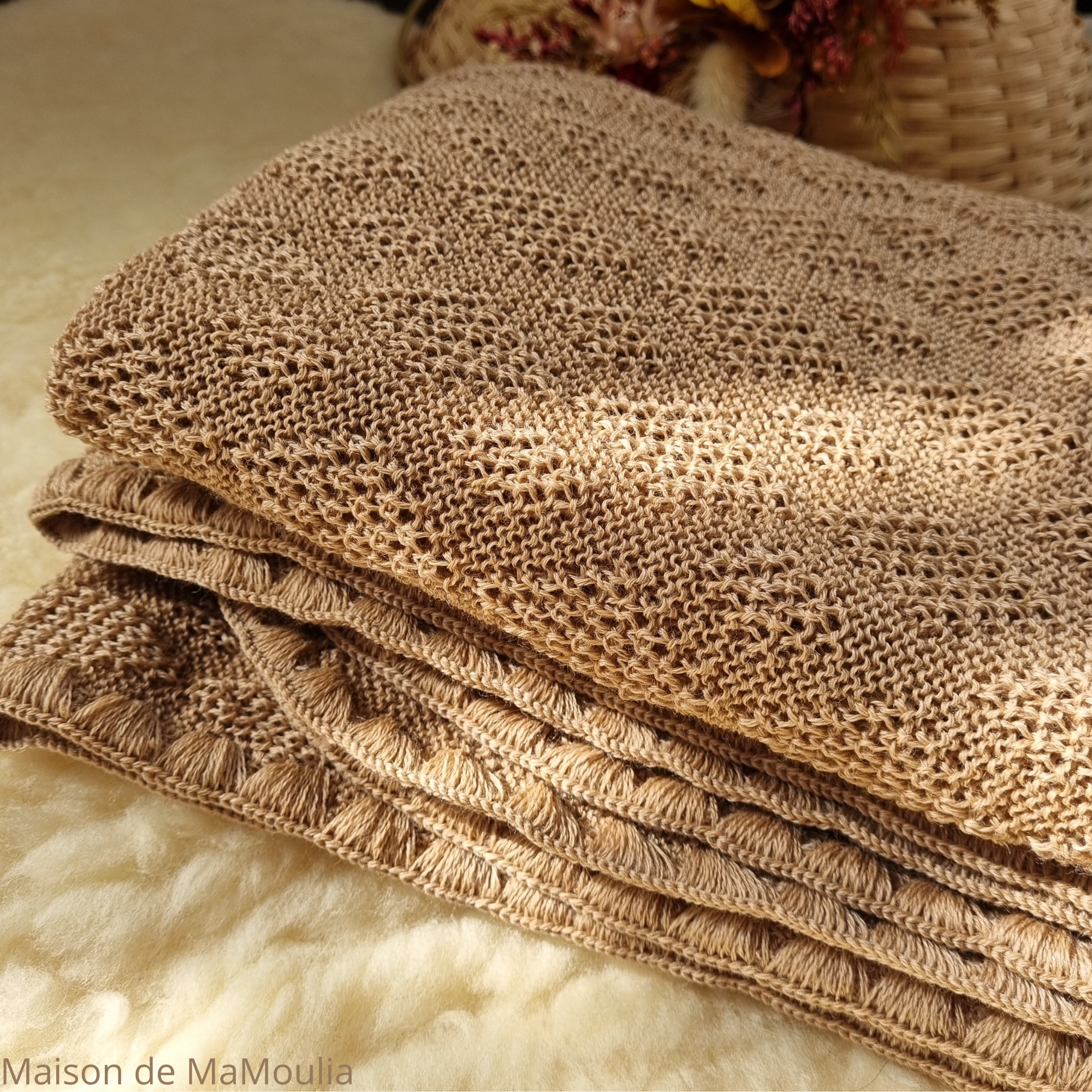 DISANA - Couverture tricotée - Laine mérinos - ORIGINALE - Caramel