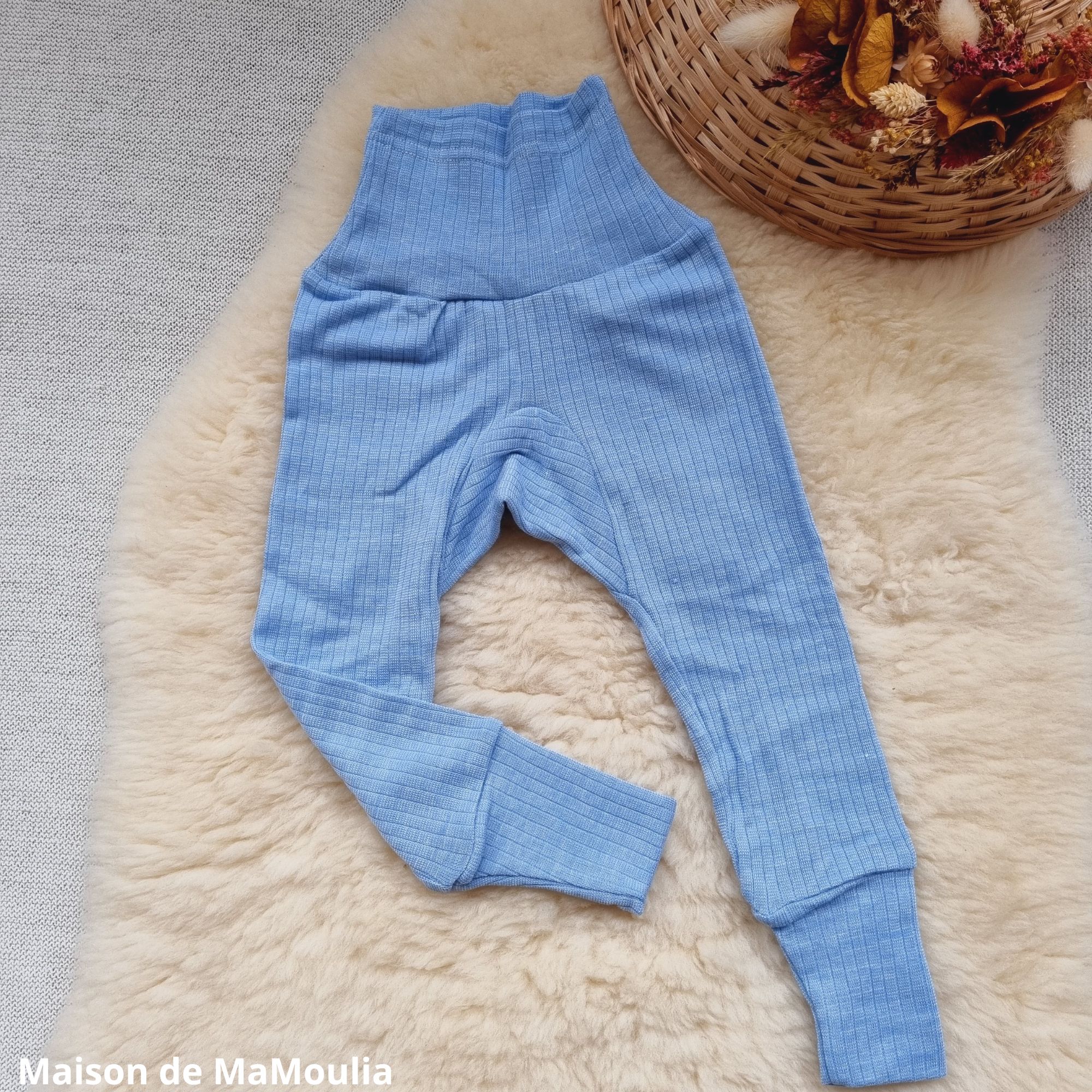COSILANA - Pantalon ceinture large - Laine/Soie/Coton bio, Bleu ciel