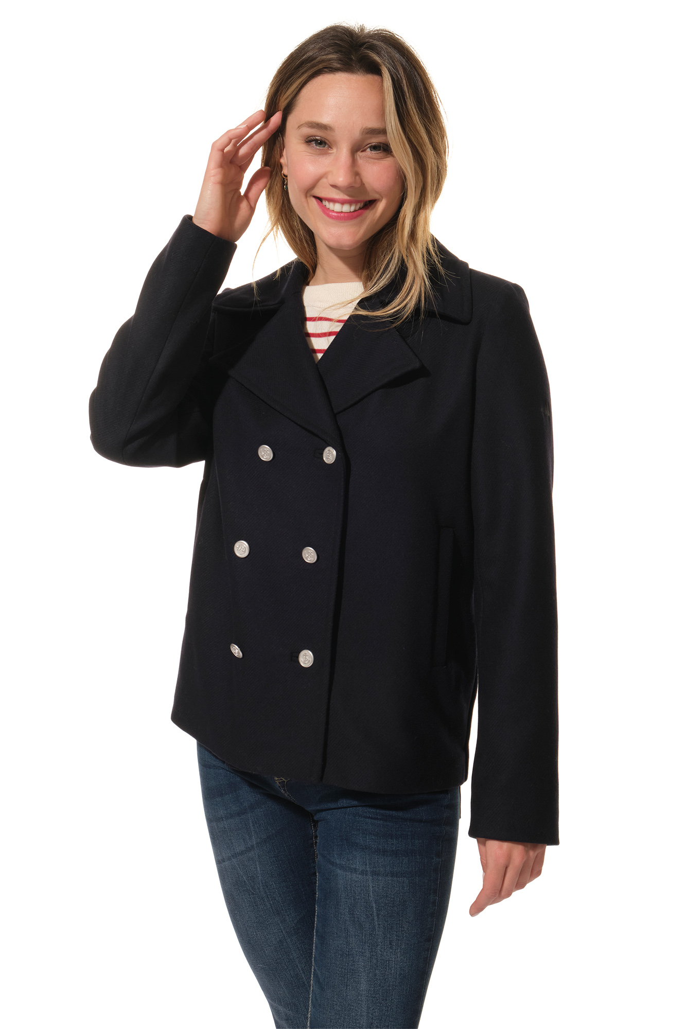 manteau court femme bleu marine