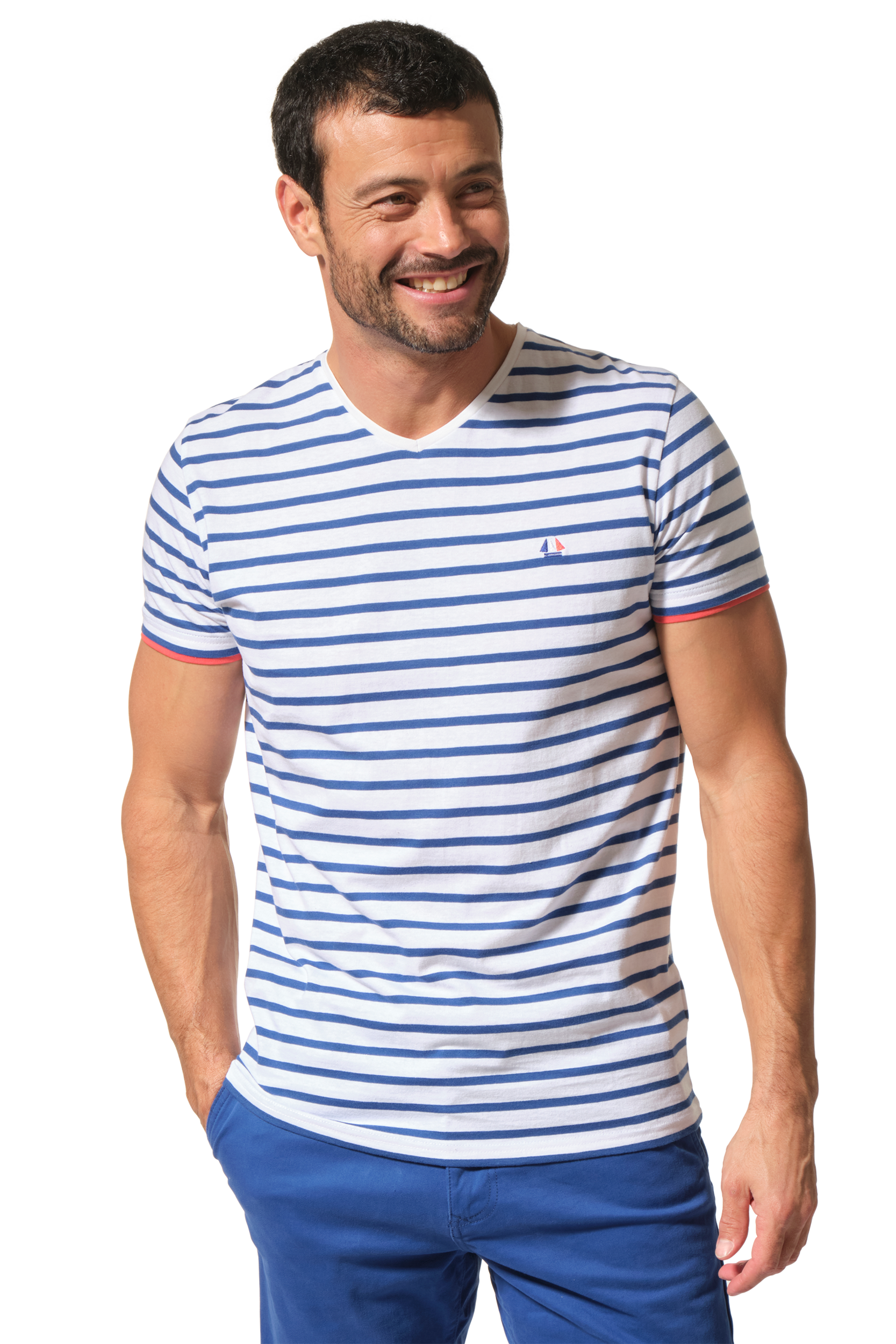 marinière blanc et bleu col v pour homme