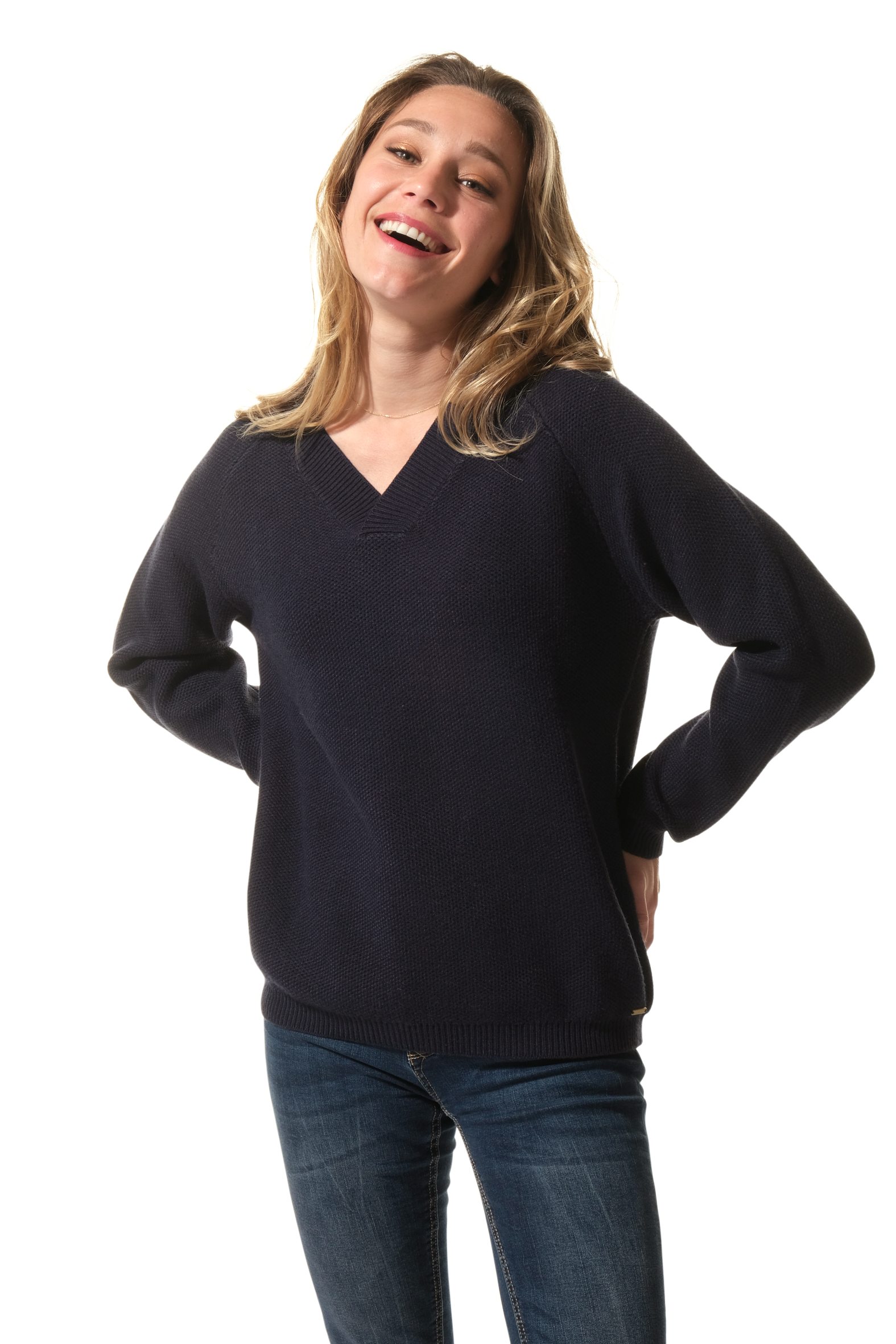 pull col v marine pour femme