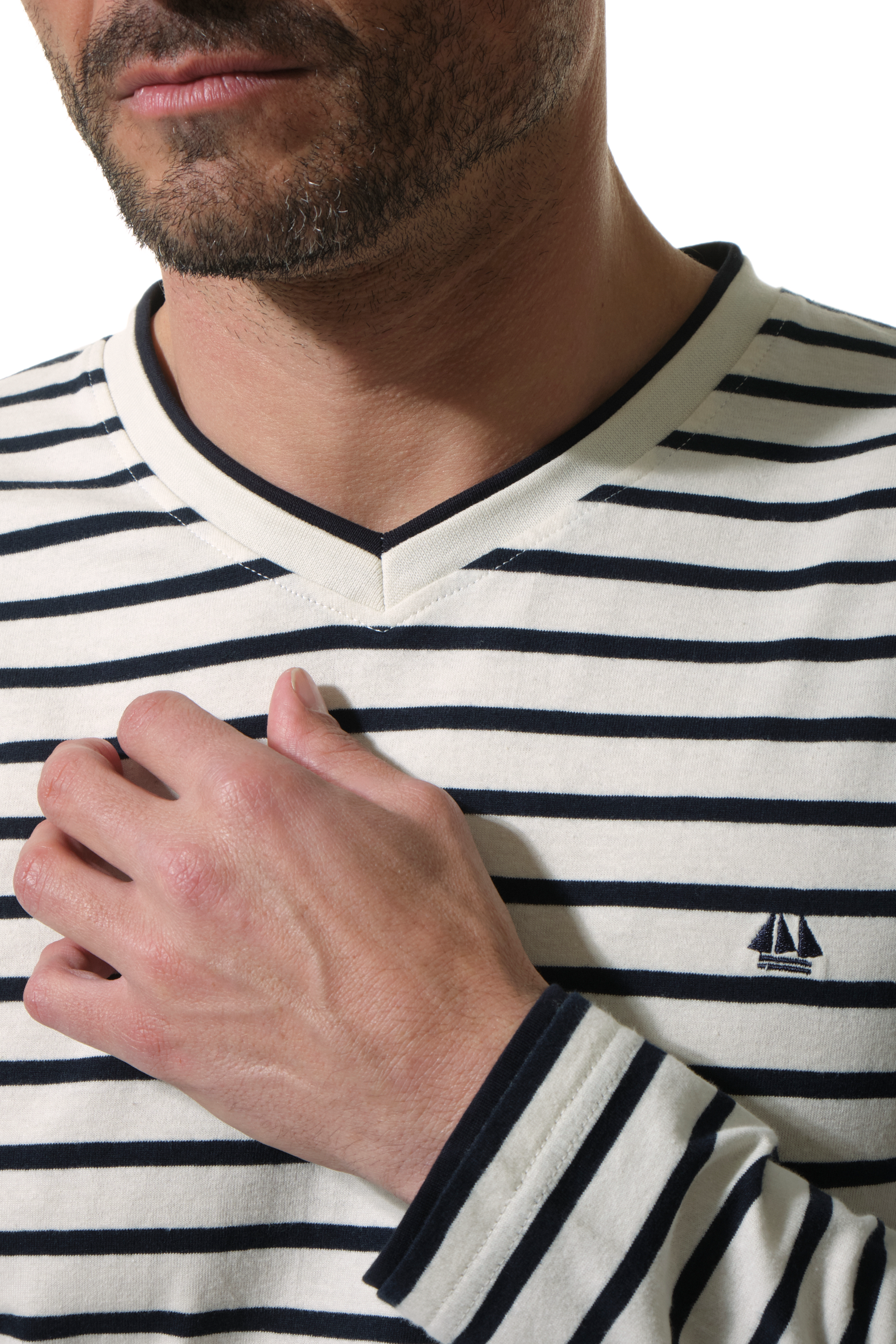 tee-shirt manche longue ecru marine pour homme