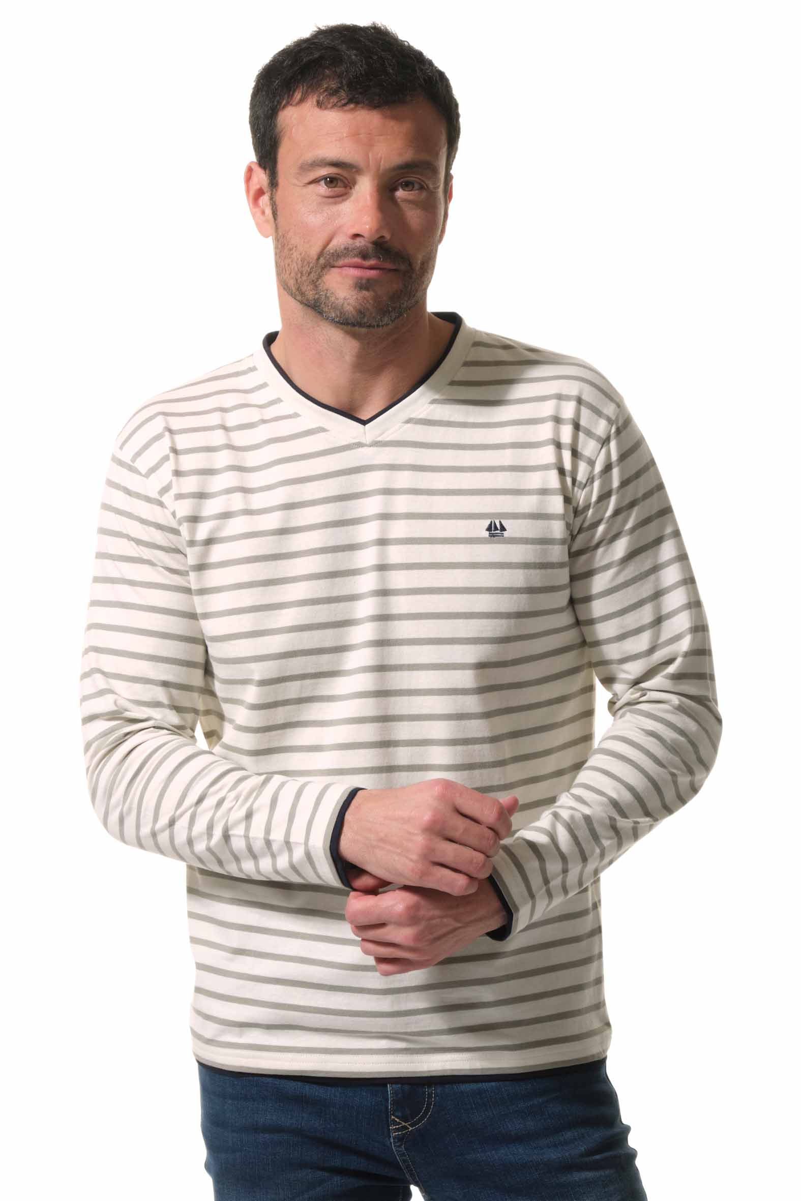tee-shirt manche longue ecru marine pour homme