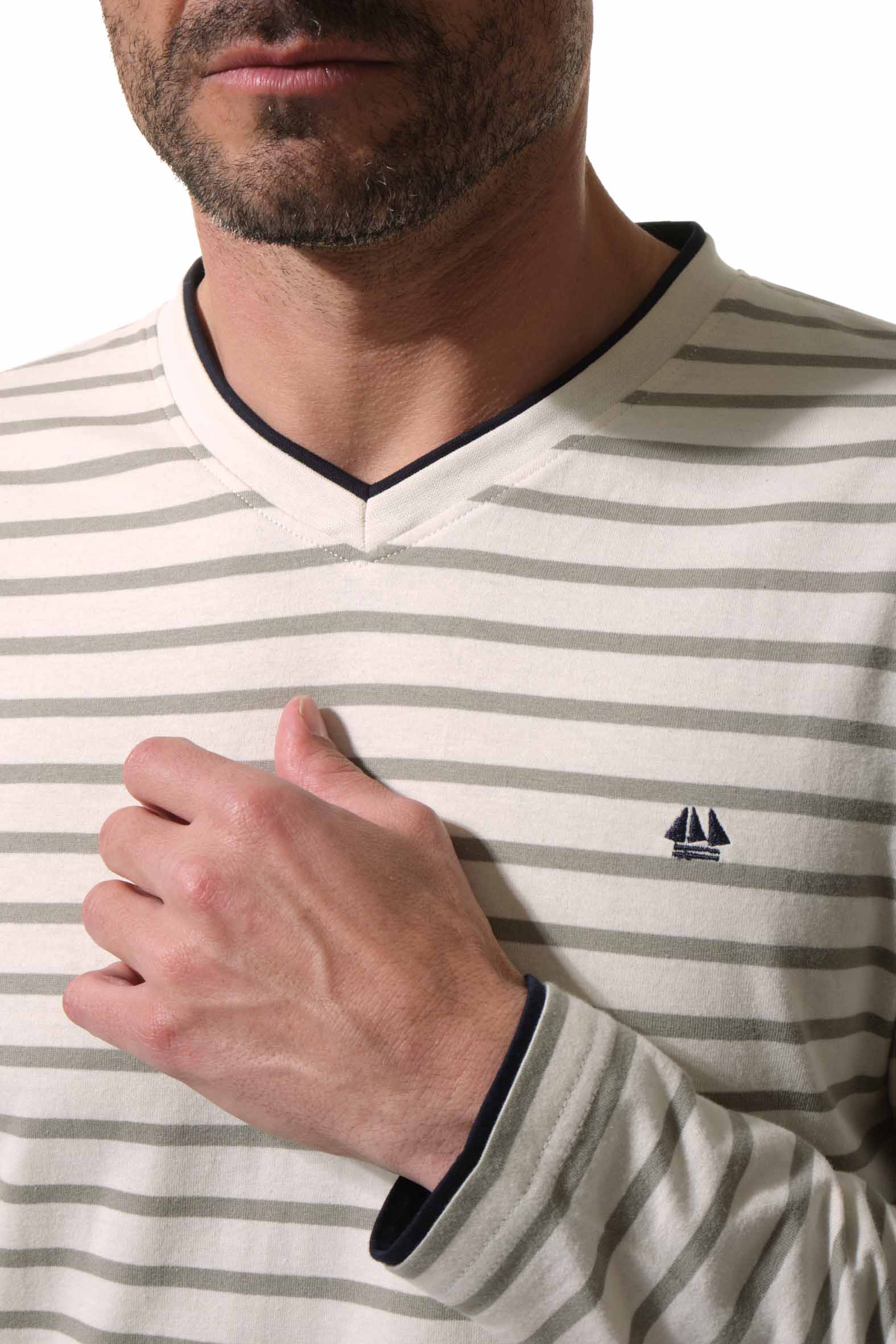tee-shirt manche longue ecru marine pour homme