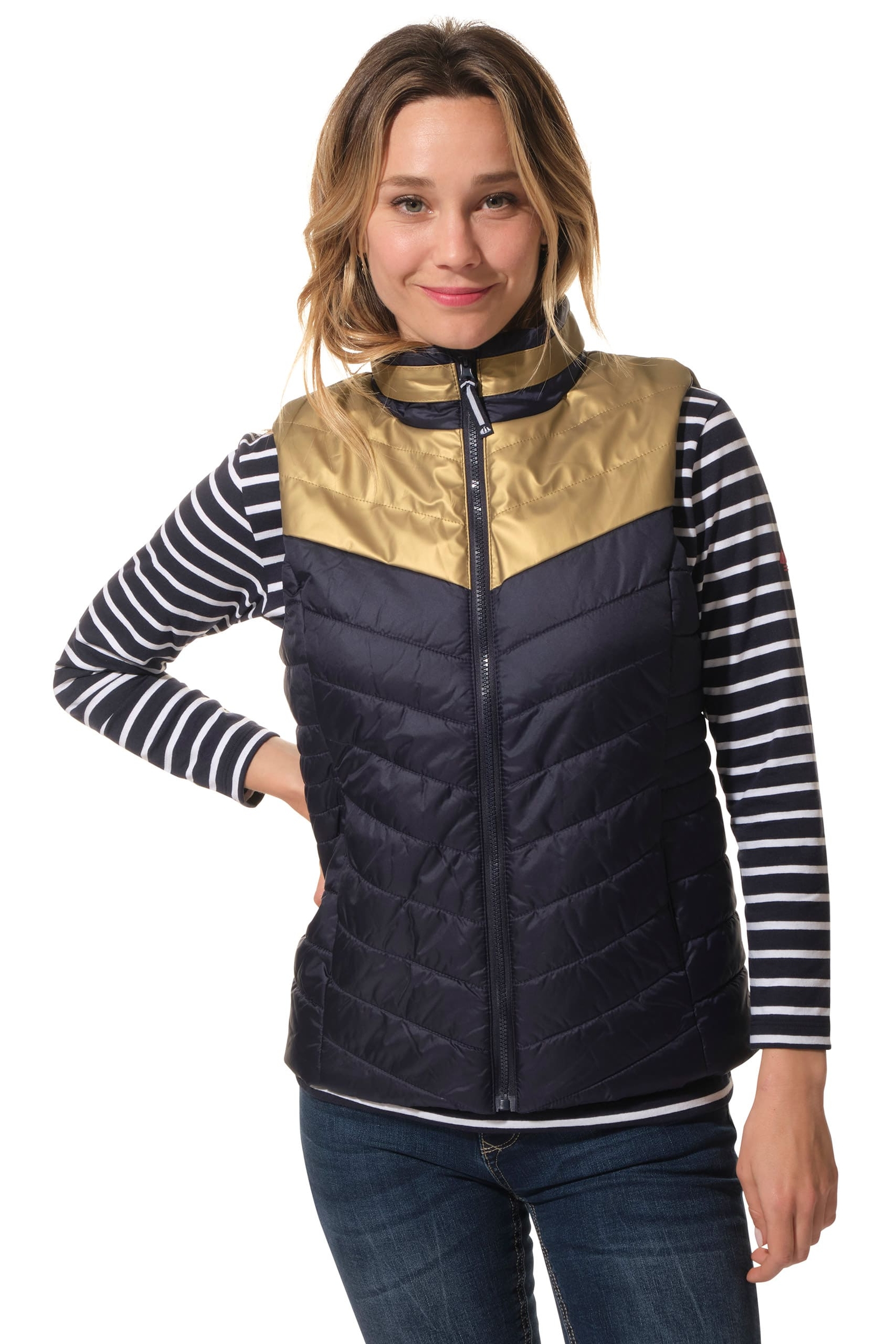 doudoune sans manche doré et marine pour femme hublot