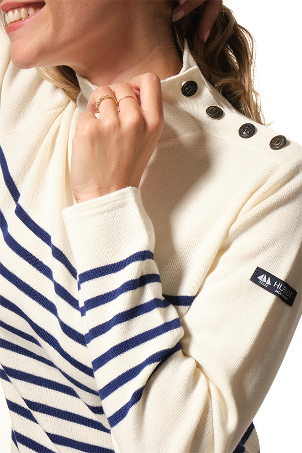 Pull col roulé rayé écru marine pour femme hublot
