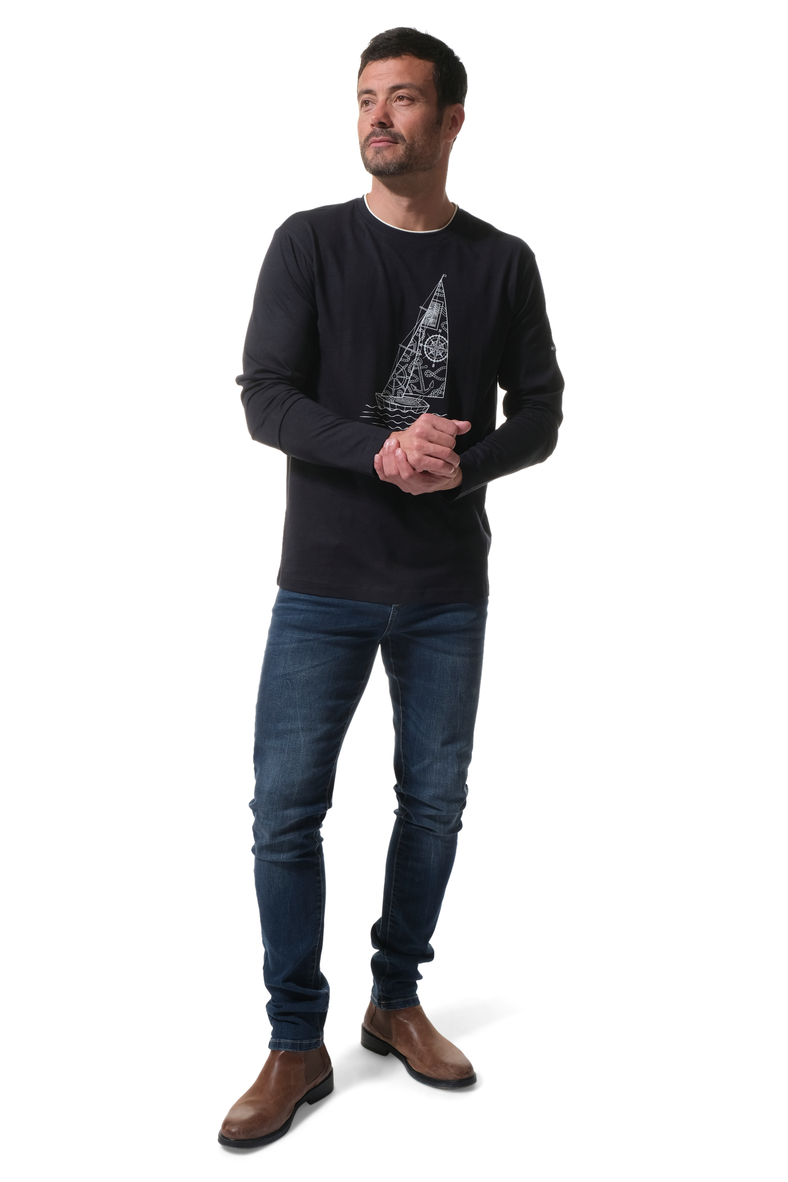 Tee-shirt manche longue marine pour homme hublot