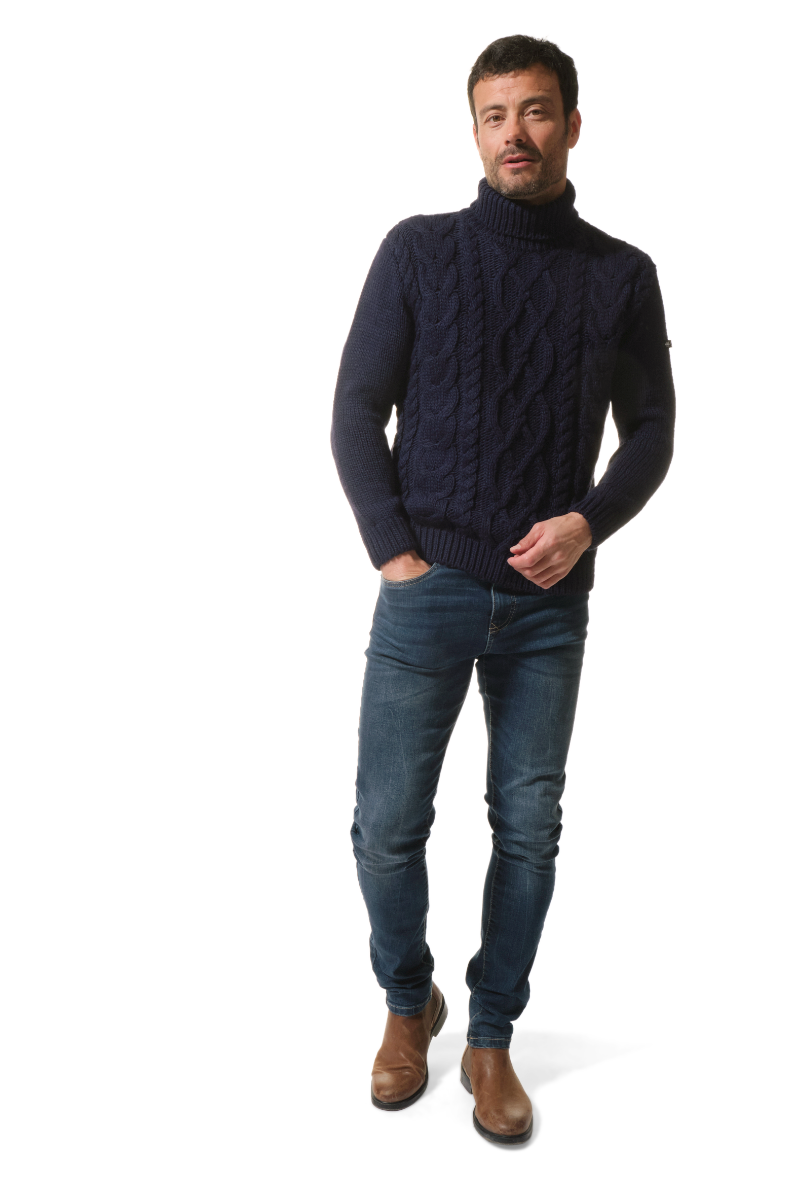 Pull col roulé marine homme hublot