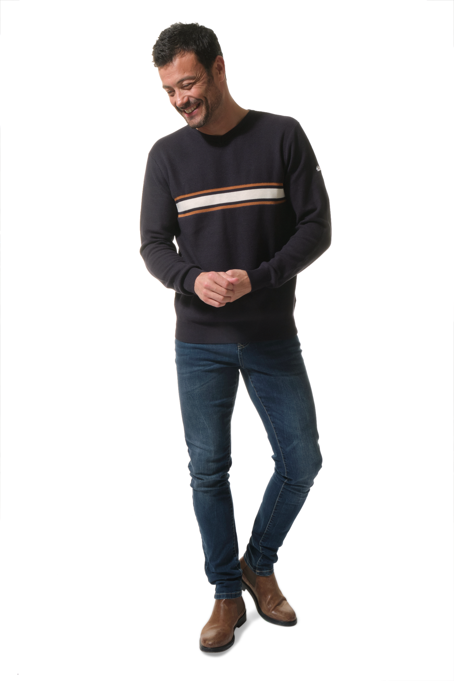 Pull Marine-Ecru-Marron homme hublot