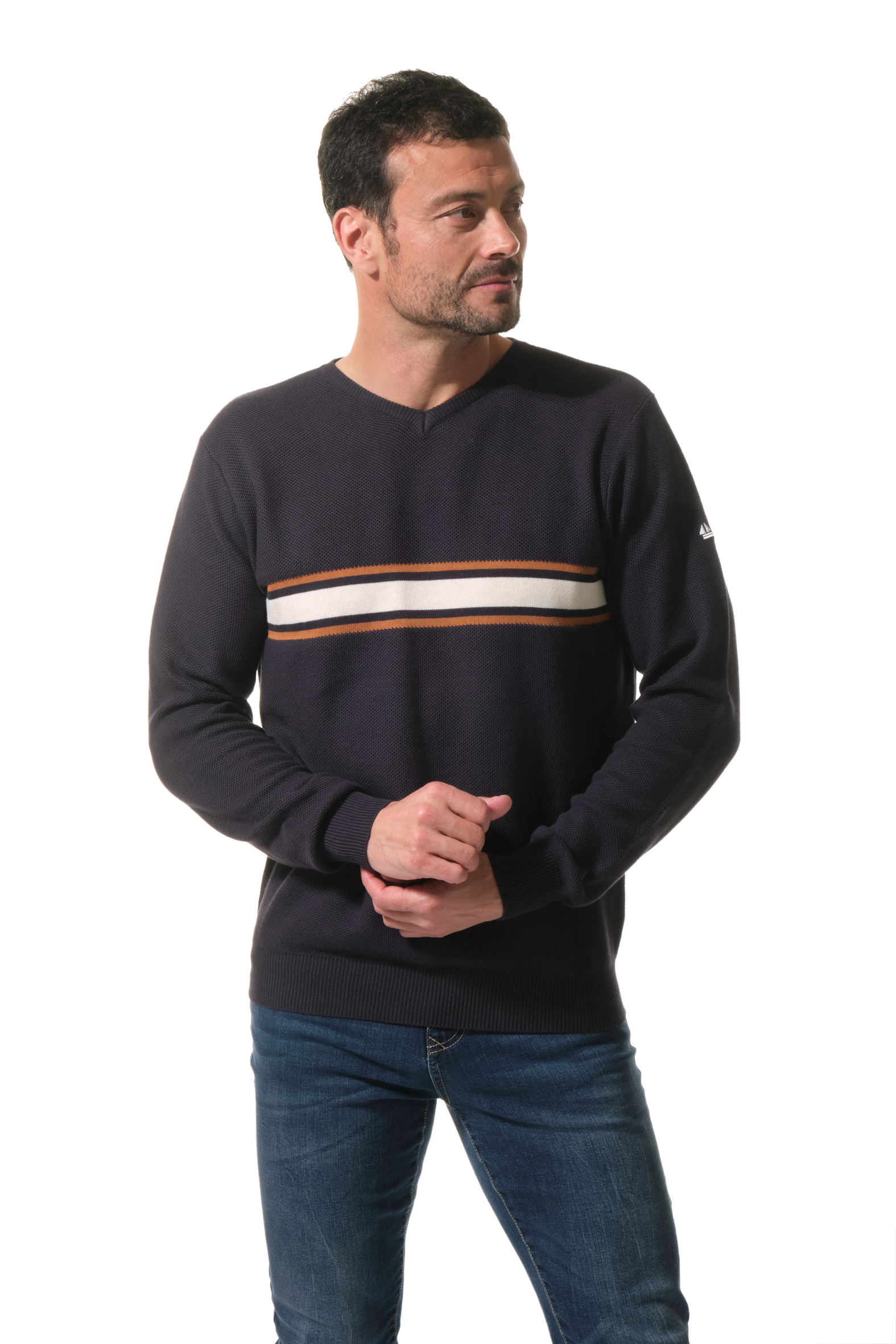 Pull Marine-Ecru-Marron homme hublot