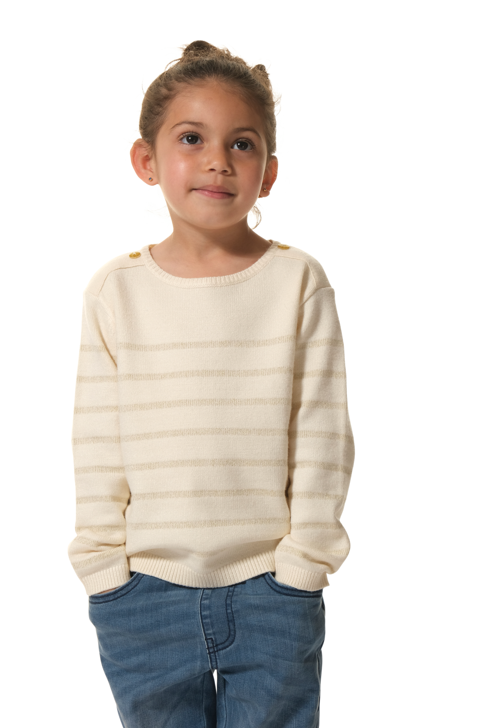 Pull rayé écume et doré fille hublot