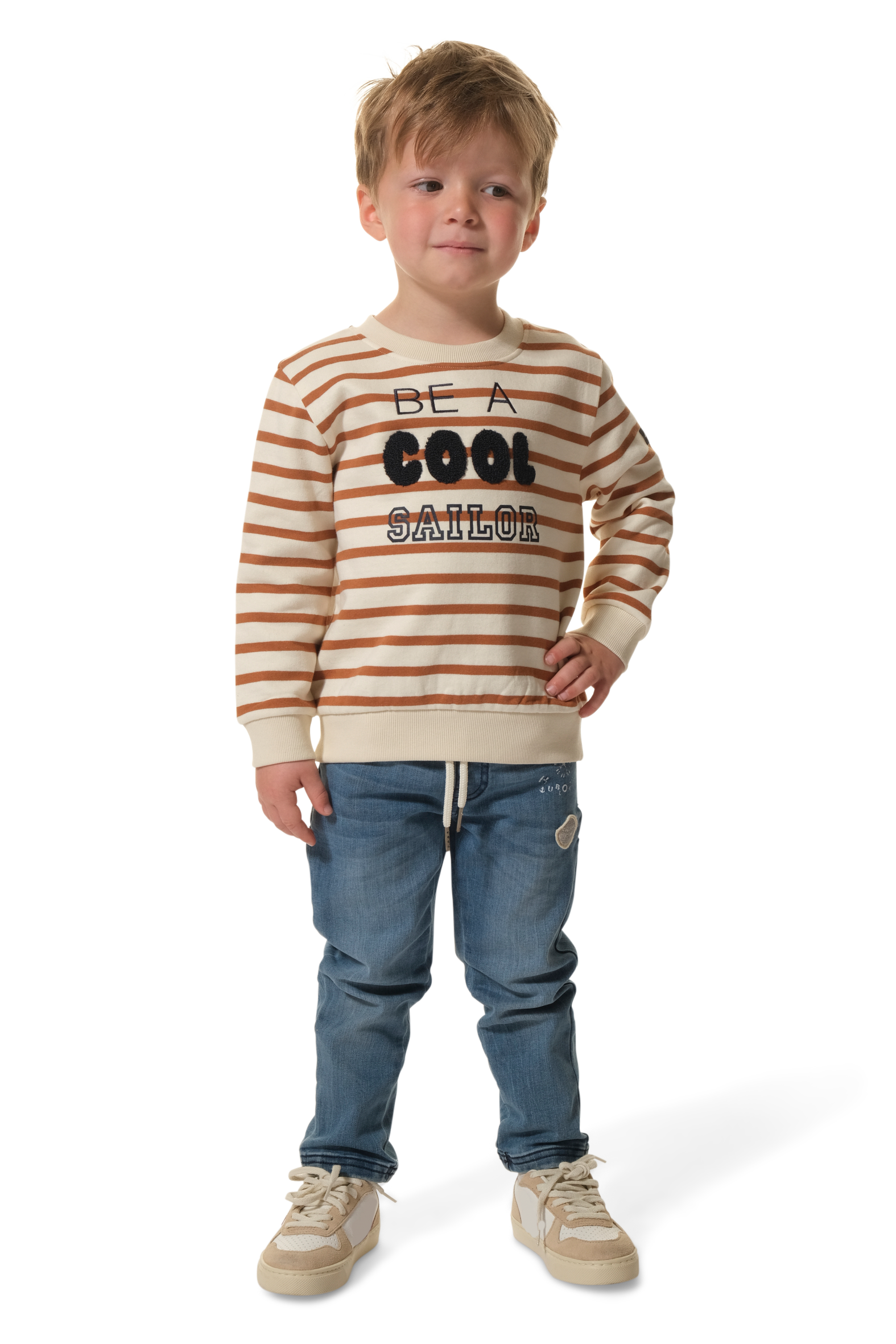 Pull rayé ecru-marron enfant hublot