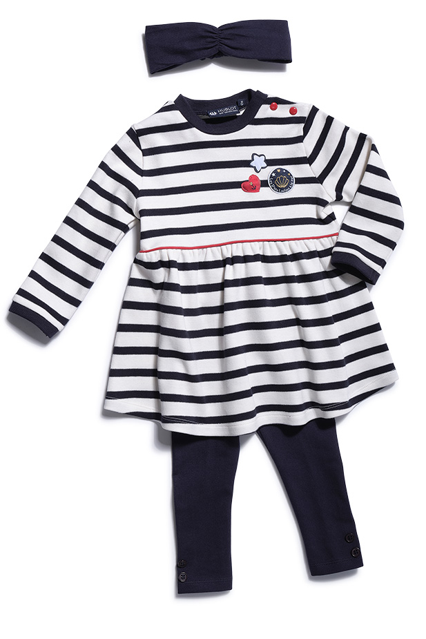 Ensemble bébé Robe-Bandeau-Legging en Blanc-Marine hublot