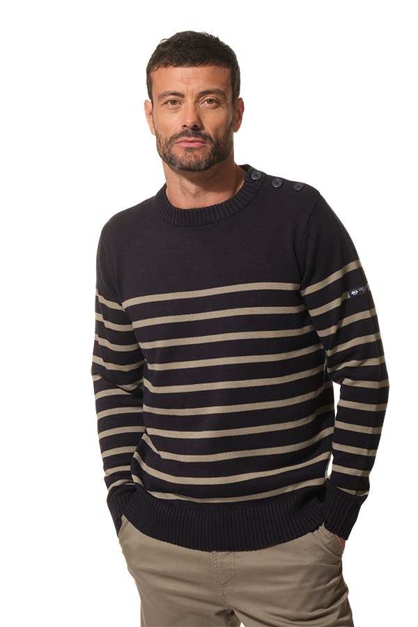 Pull rayé Marine-Kaki pour homme hublot