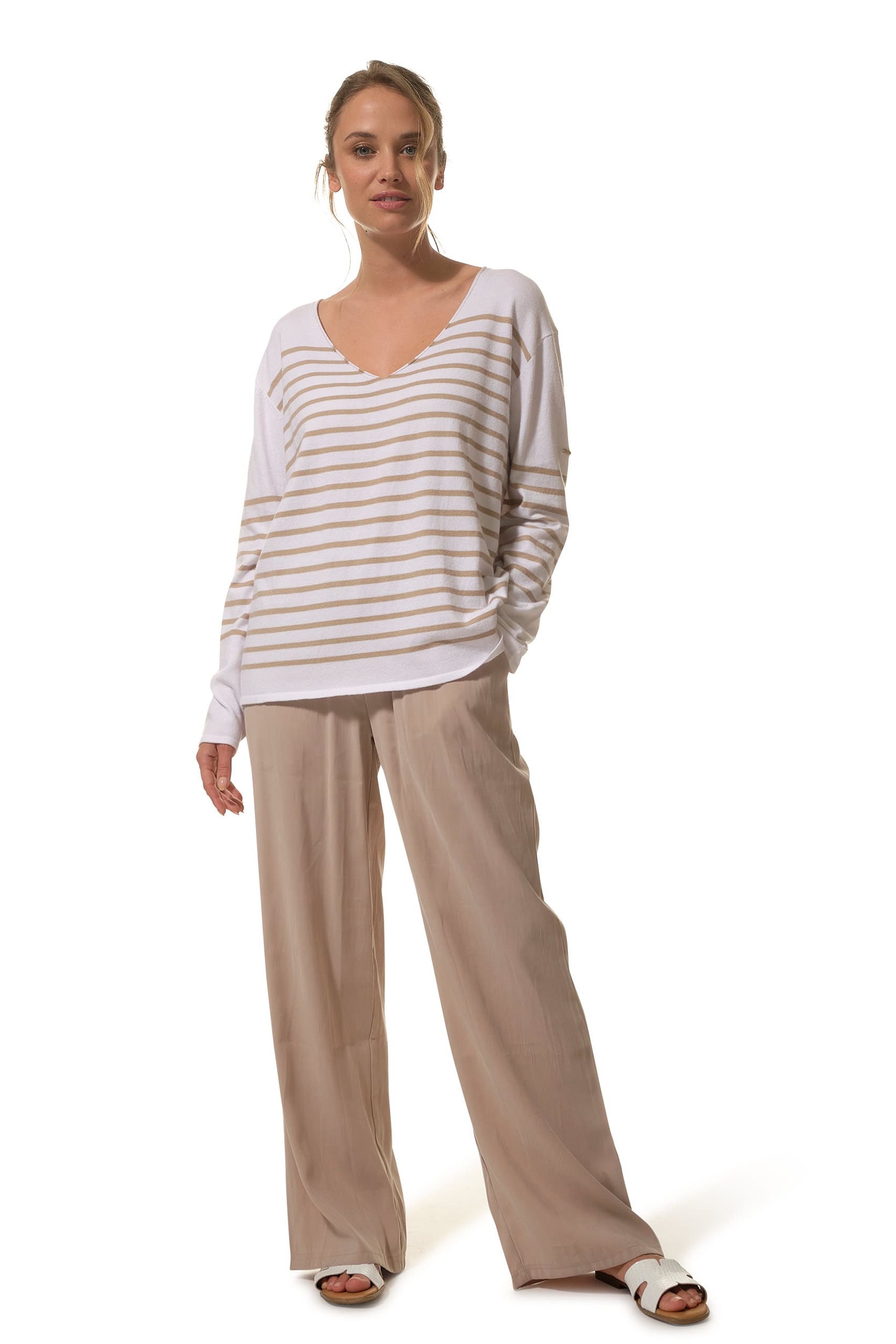 Pull col V Ecru-beige rayé pour femme hublot